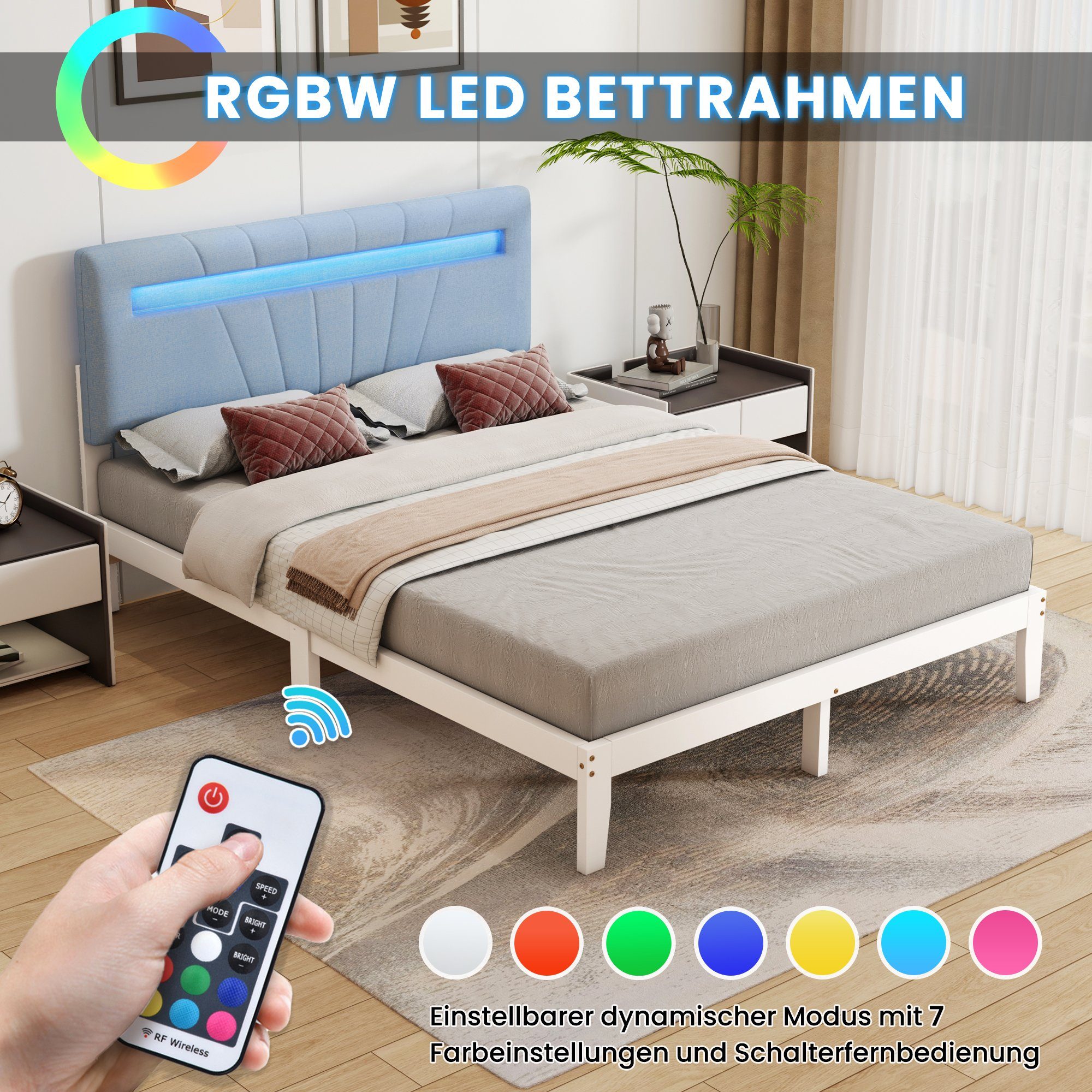 KLAM HOME Massivholzbett 140x200 Massivholzbett mit gepolstertes Kopfteil und Lattenrost (Set, Holzbett aus Kiefer mit LED-Leuchte), Einzelbett Doppelbett Bettrahmen, für Schlafzimmer und Jugendzimmer