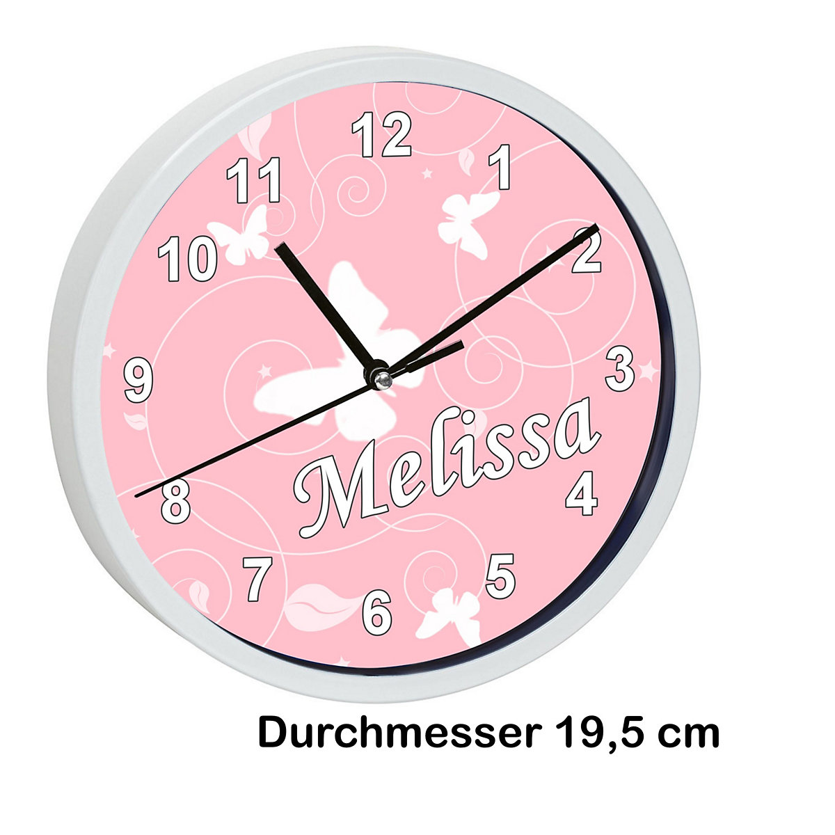 Kinder Wanduhr laufruhig personalisiert mit Name Schmetterling Altrosa