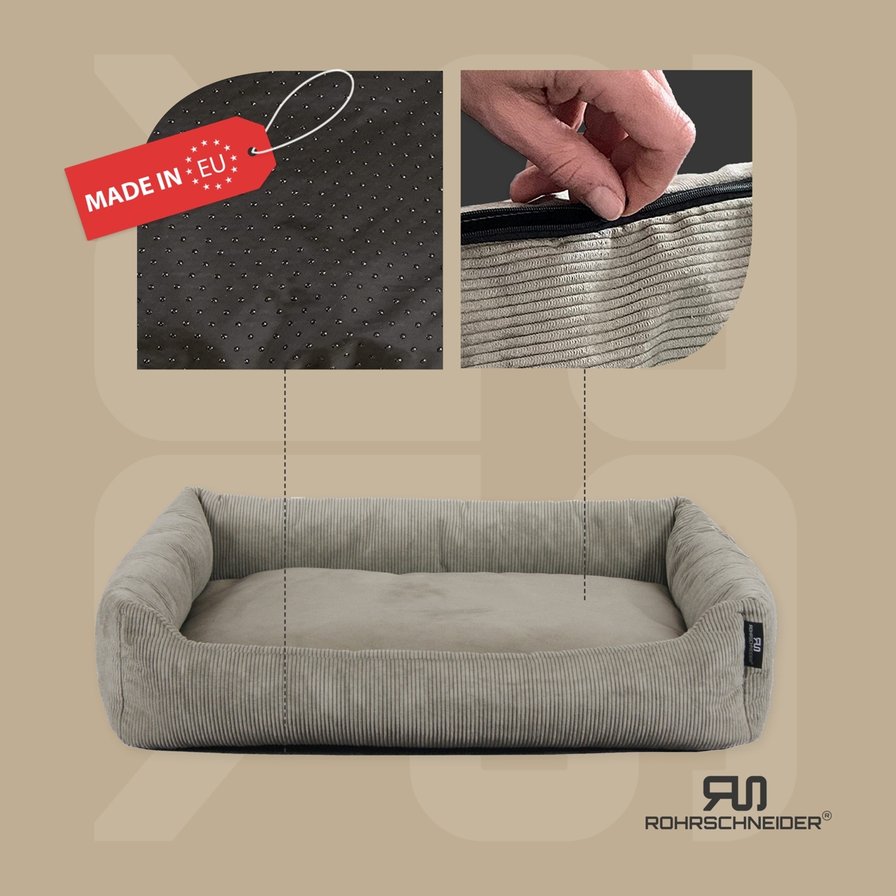 Rohrschneider Hundebetten Rohrschneider Hundebett mit Gratis-Beigabe, waschbar, robuster Fein-Cordstoff taupe