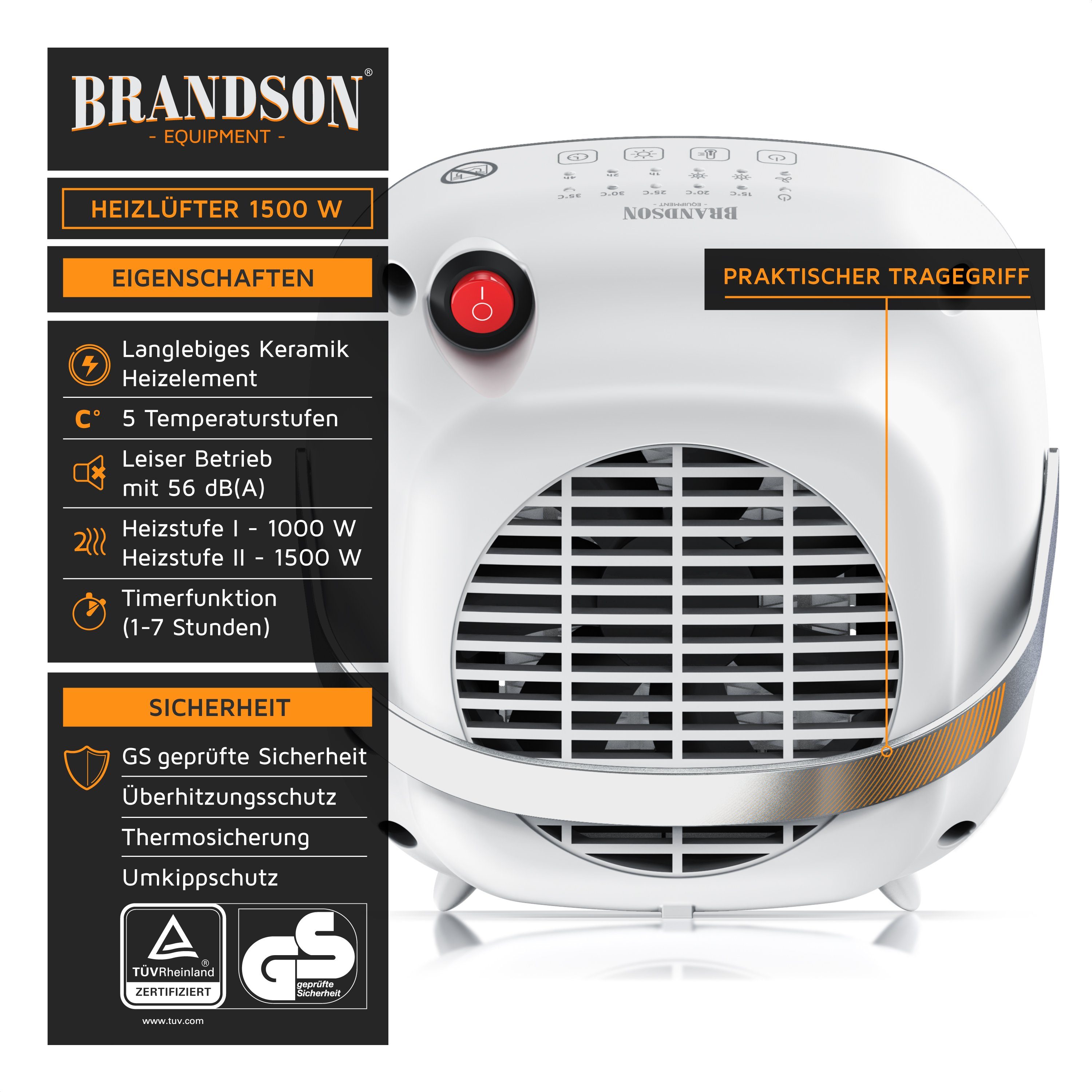 Brandson Keramikheizlüfter, 1500 W, Badezimmer Schnellheizer mit Temperaturregelung, energiesparend, leise