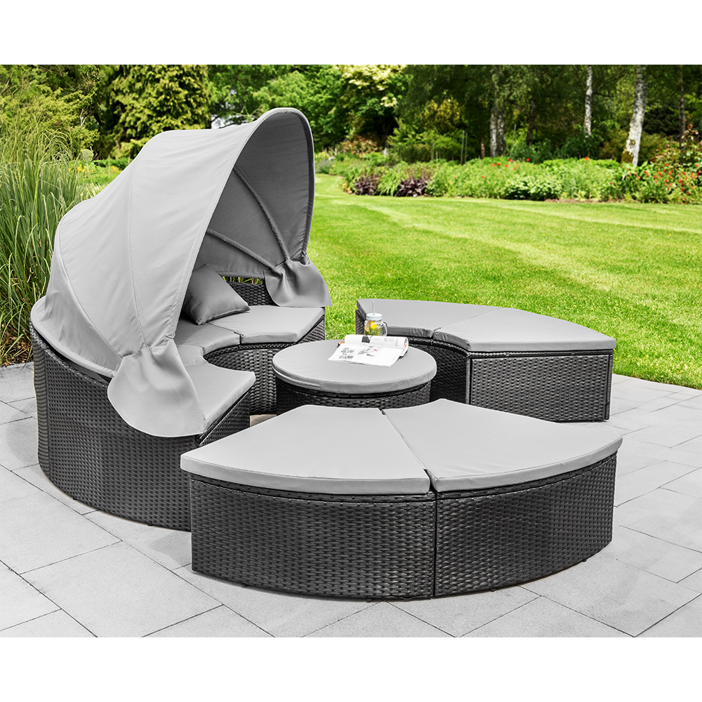 HC Garten & Freizeit Outdoor Sonneninsel 18 tlg., runde Liege mit Sonnenschutz, inkl. Auflagen, modern, Polyrattan