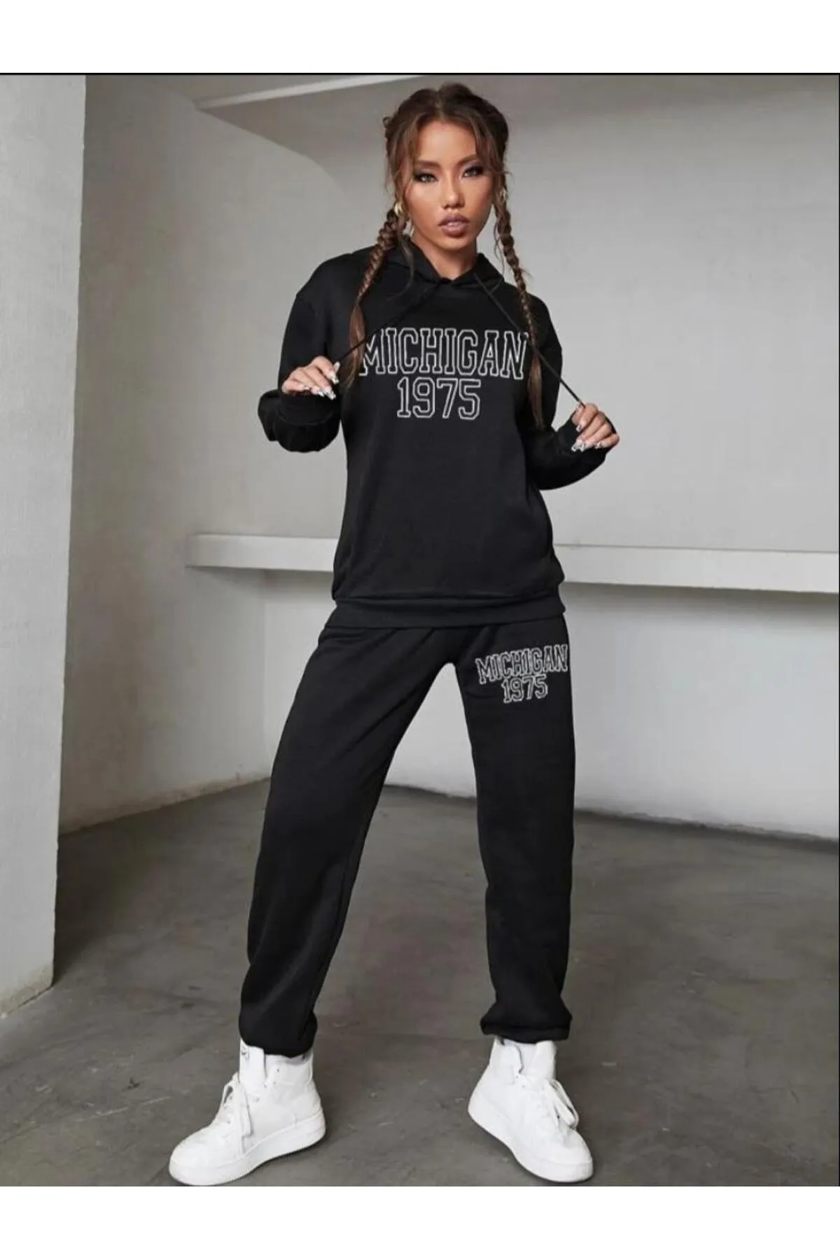 AFROGİYİM  Bedruckter Oversize-Trainingsanzug aus dreifädigem Fleece mit Michigan 1975-Muster für Damen