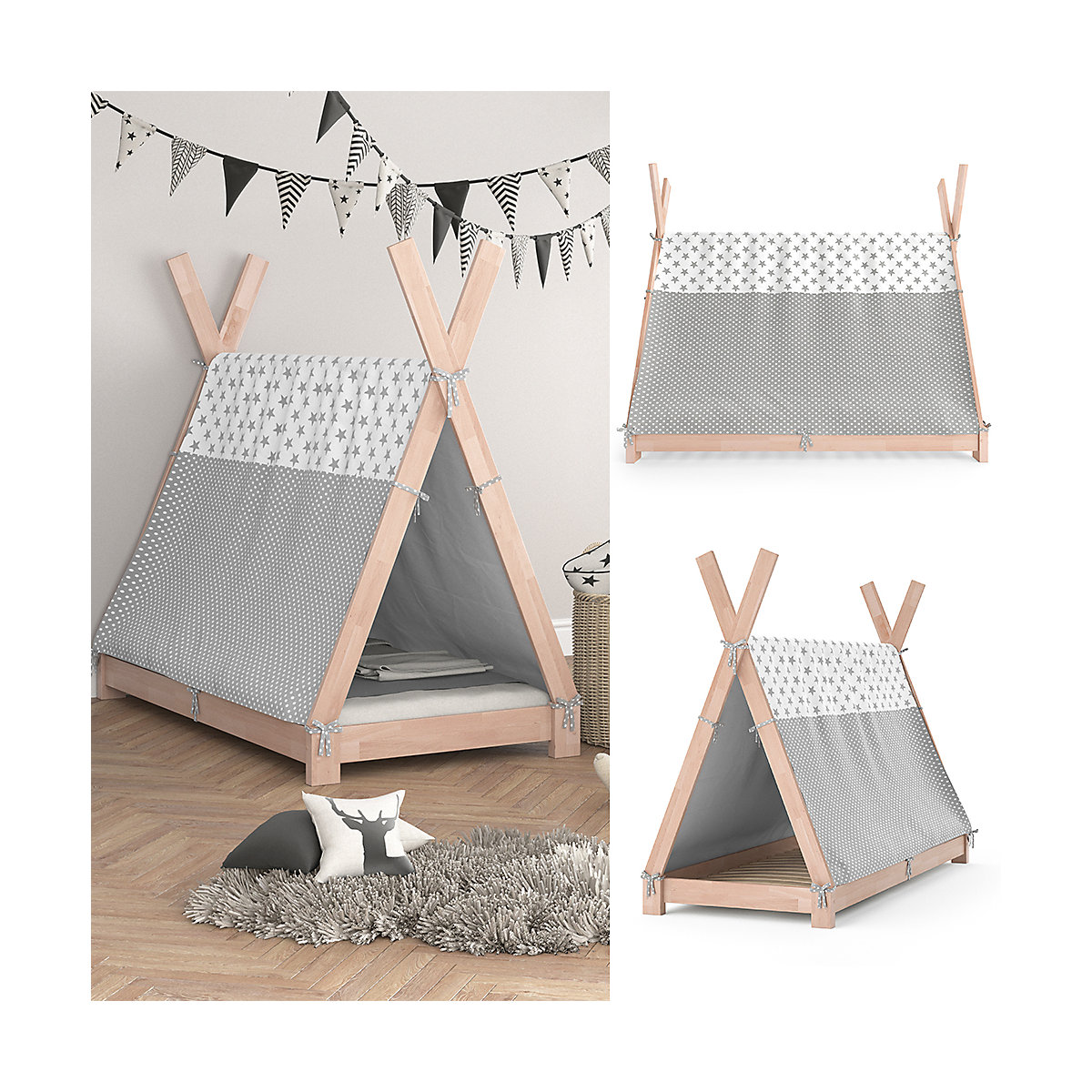 Kinderbett Hausbett Tipi + Überwurf 80x160cm Indianerzelt Indianerbett