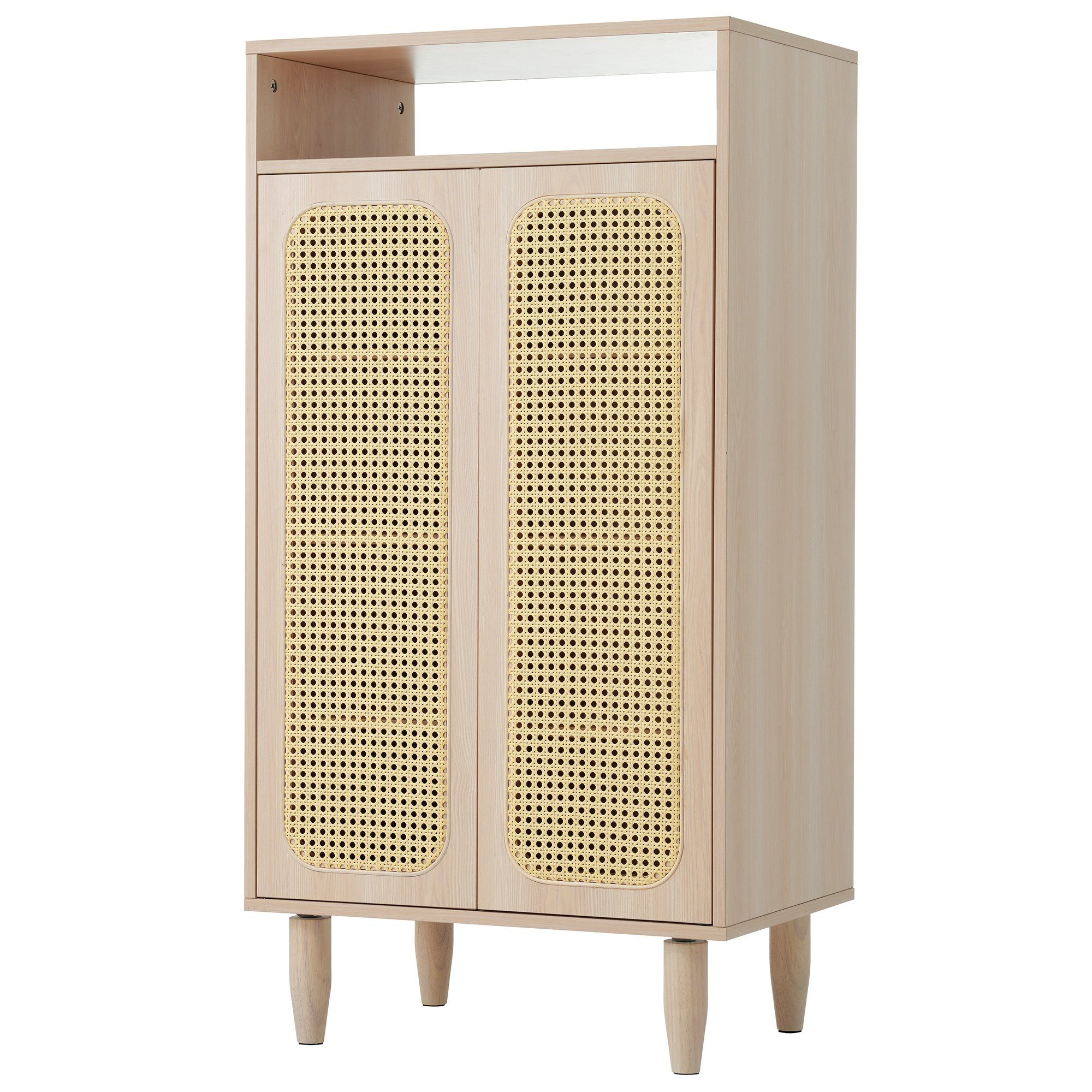 OKWISH Highboard Sideboard (mit Rattantüren und offenen Fach), Sideboard mit verstellbare Einlegeböden