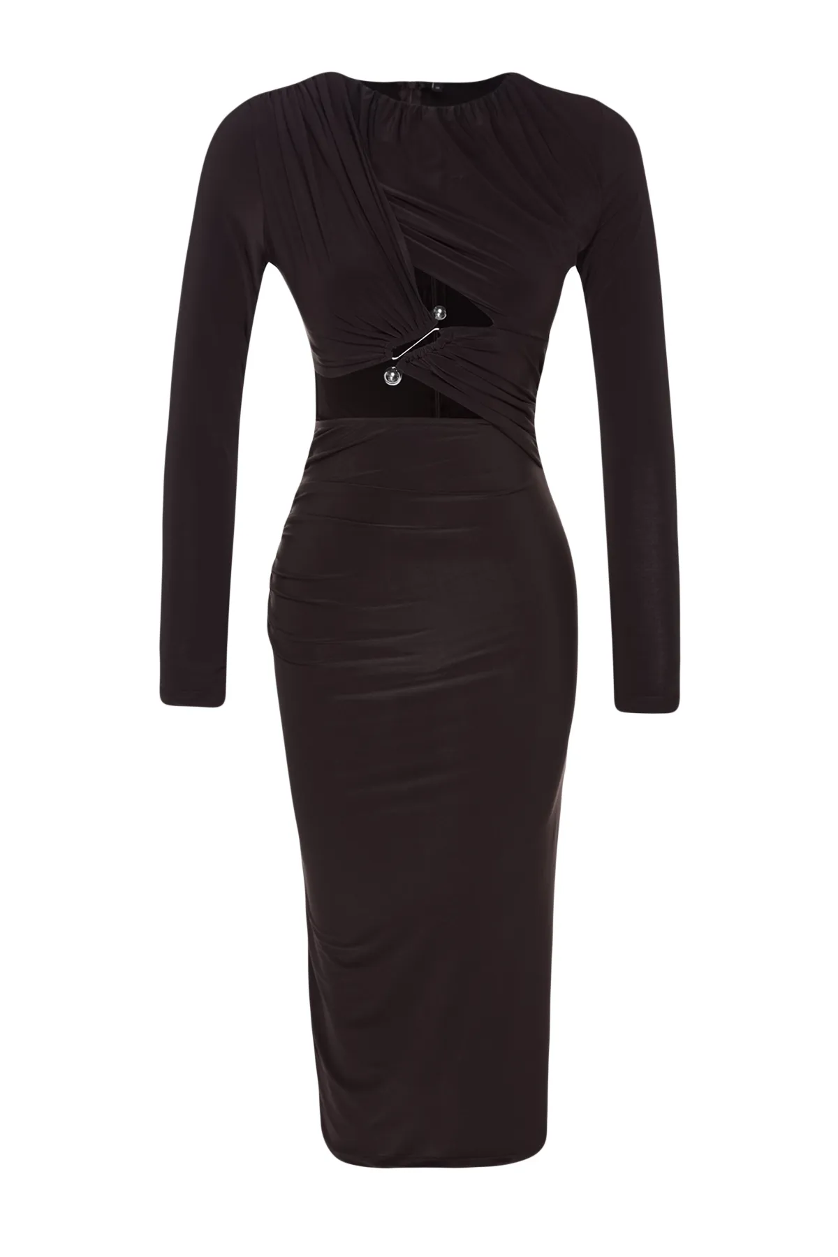Trendyol Collection  Braunes, tailliertes, gestricktes, elegantes Abendkleid mit Fenster-/Ausschnittdetails und Accessoires TPRAW24EL00218