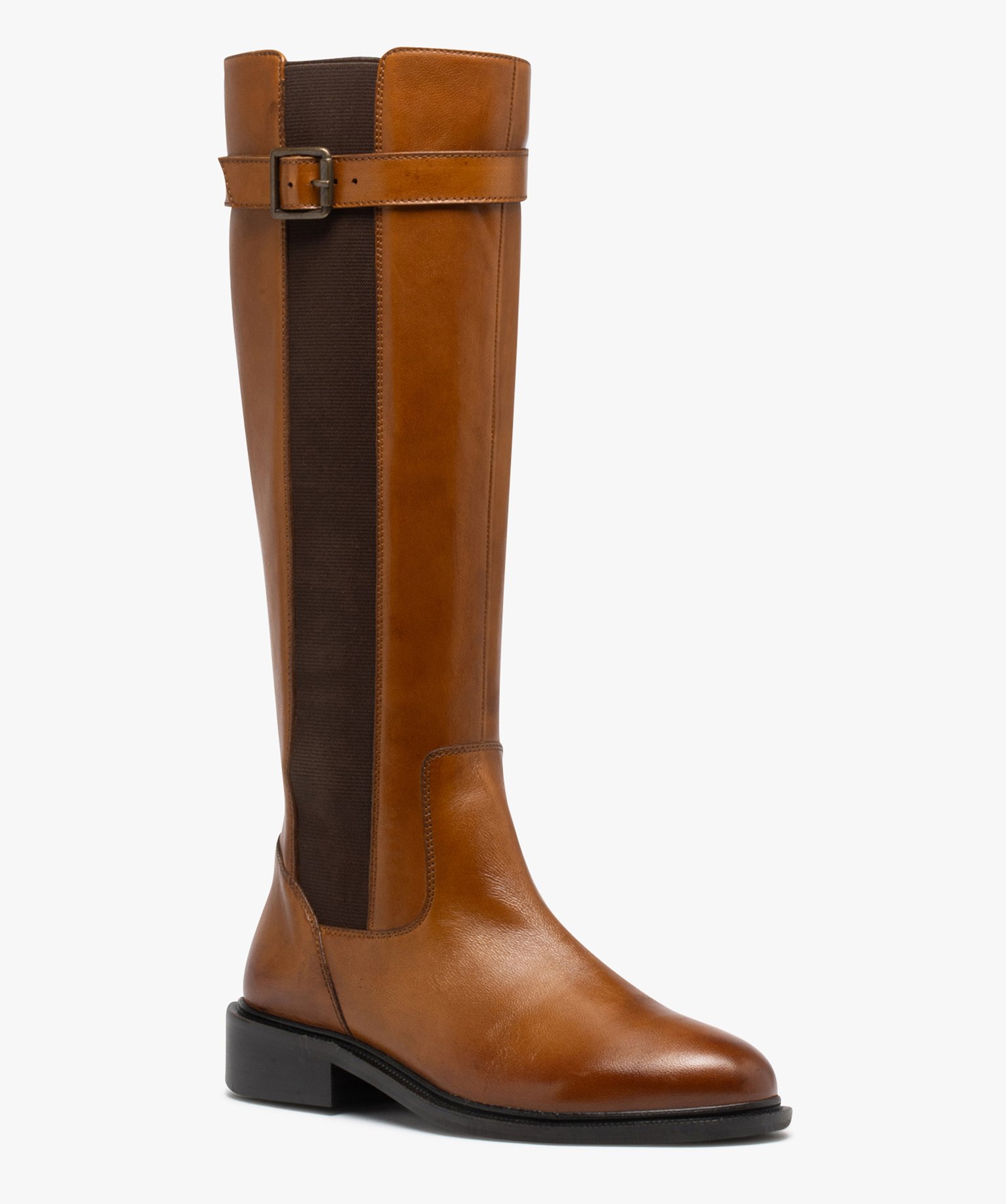 Bottes femme à talon plat en cuir uni et à zip - Taneo camel | GEMO
