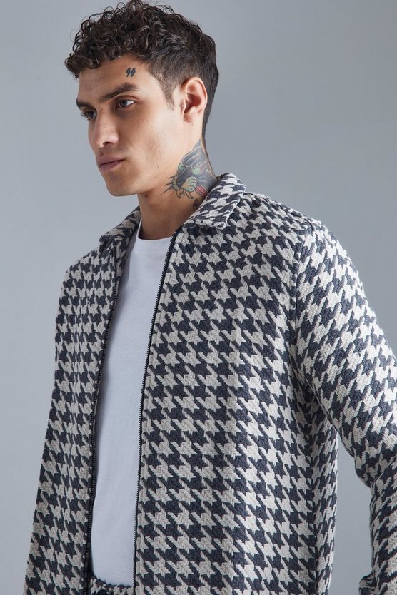 Langärmliges Hahnentritt-Overshirt mit Reißverschluss