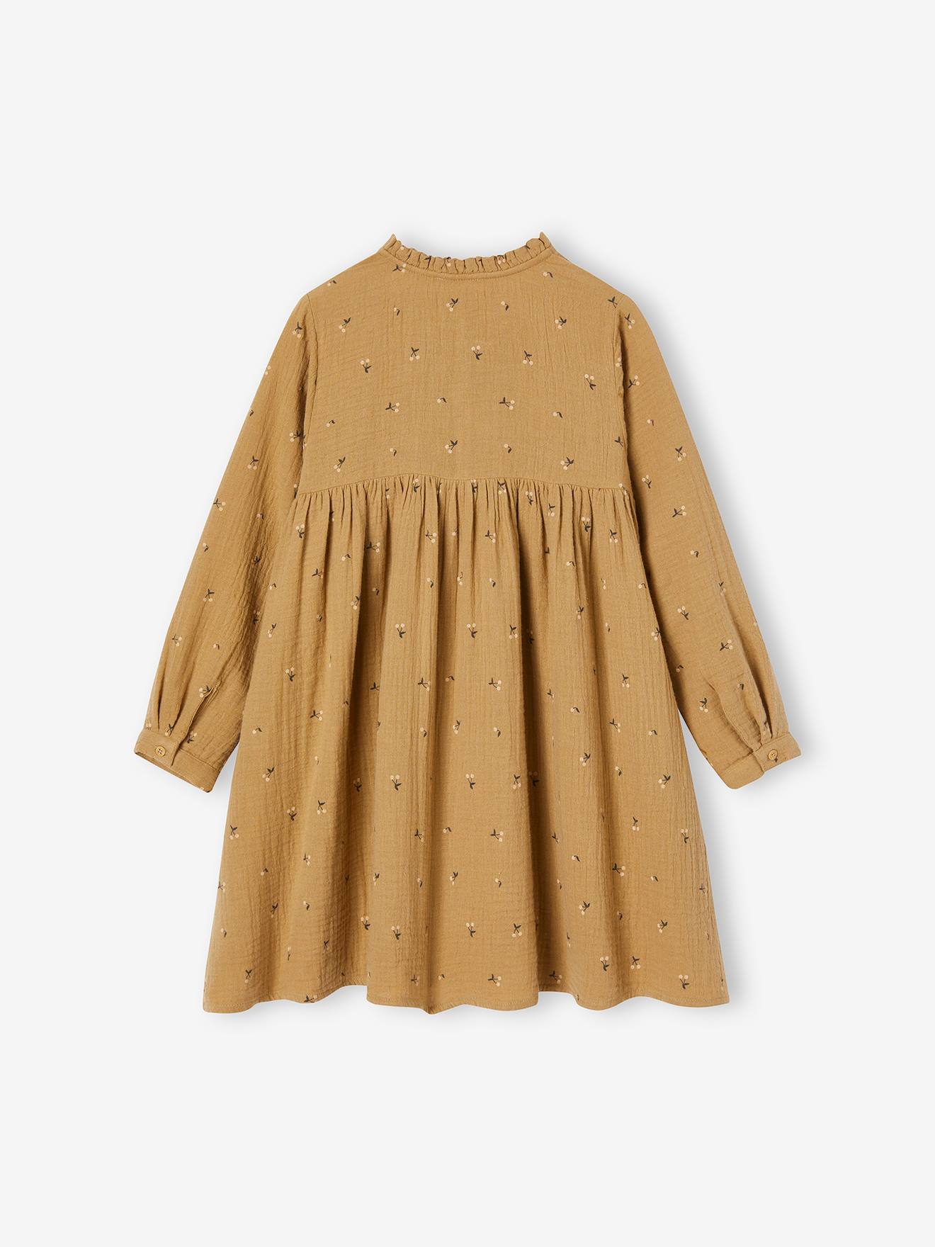 Robe en gaze de coton détails fantaisie fille beige