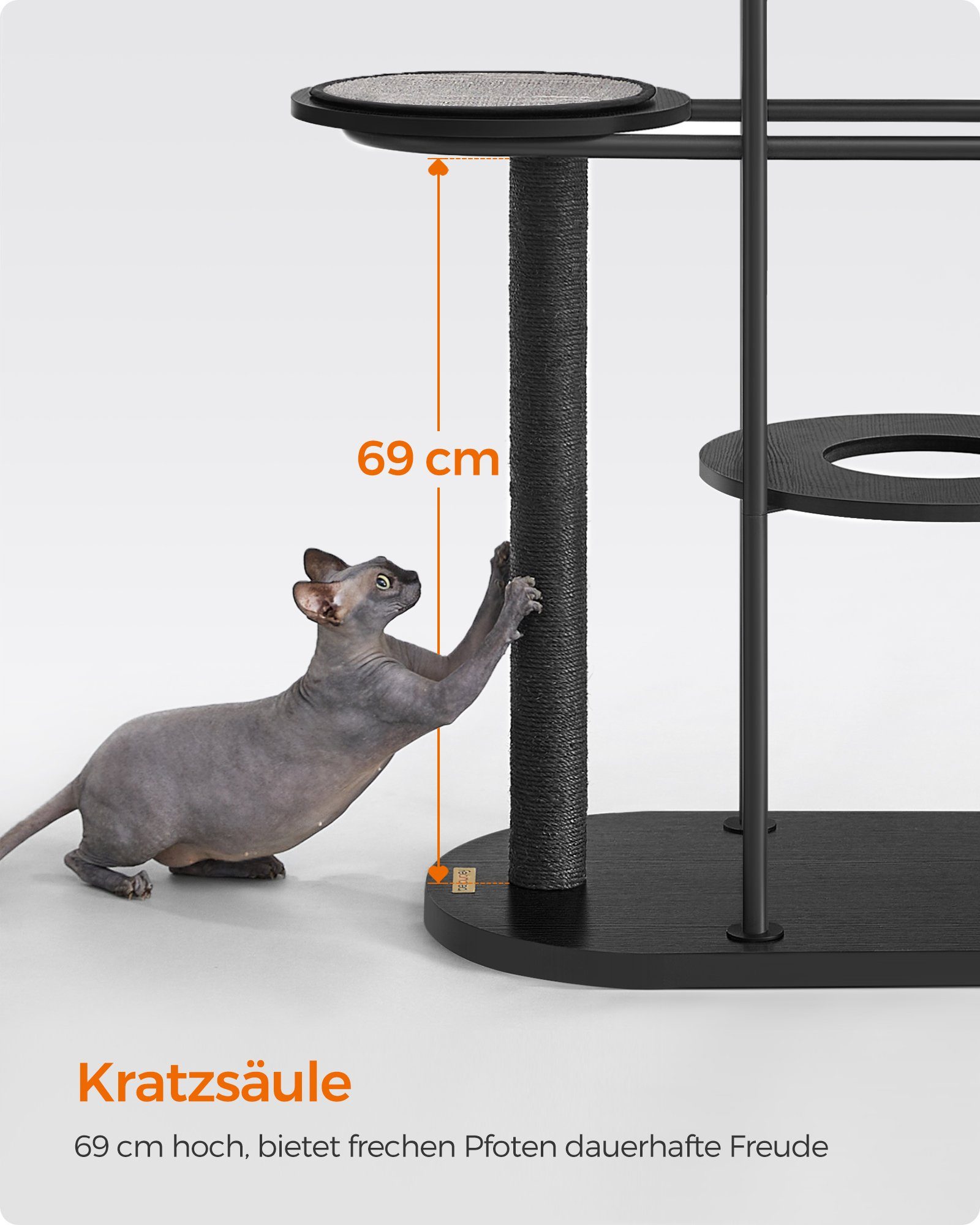 FEANDREA Kratzbaum, modern,Metallrohre,mit Kissen,Sisalstamm,Katzenspielball