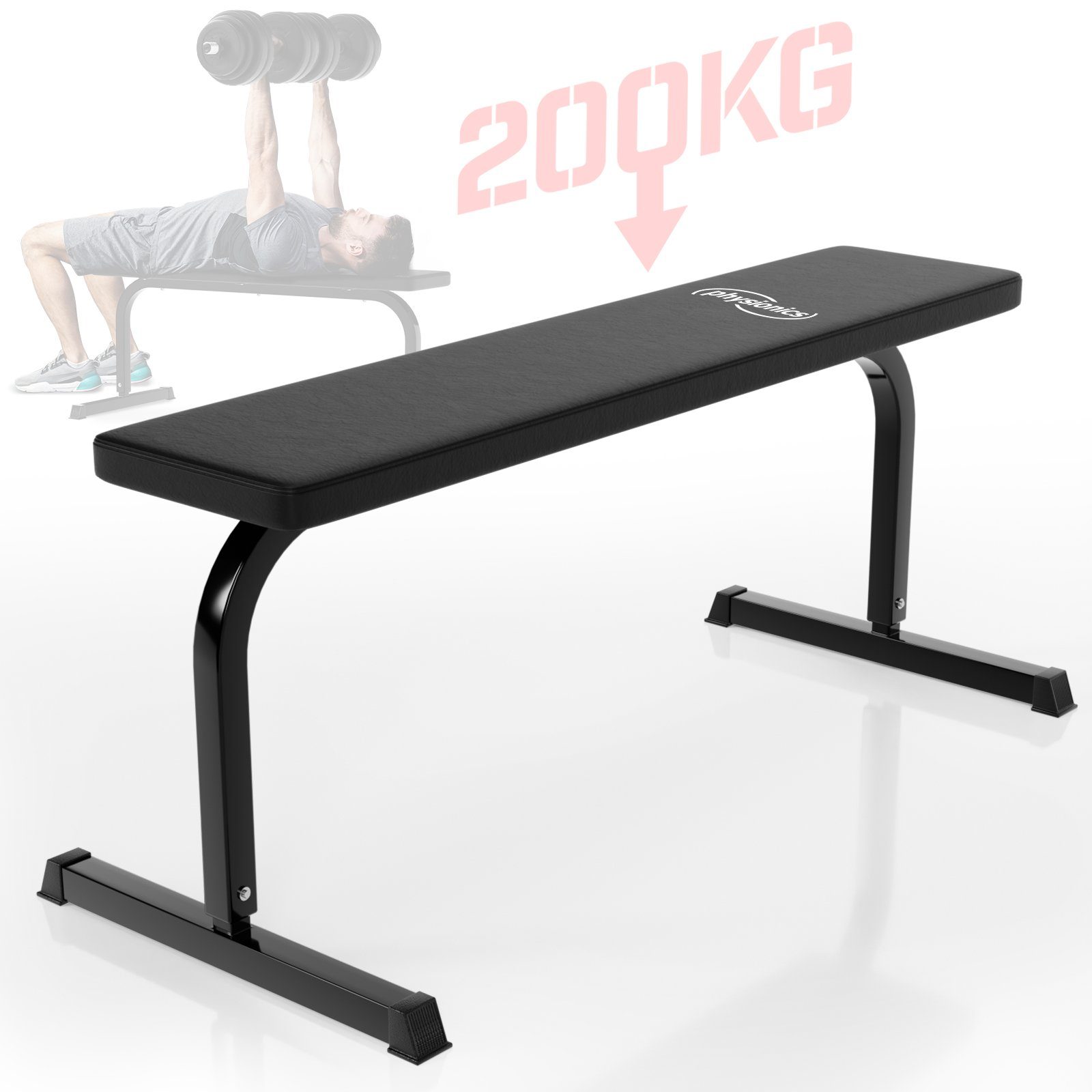 Physionics Hantelbank Flachbank - 115/51/48 cm, bis 200kg belastbar, Stahl, Schwarz - Multifunktion Hantelbank, Trainingsbank, Drückerbank, Fitnessbank für Zuhause, Bankdrücken, Krafttraining, Bauchtrainer