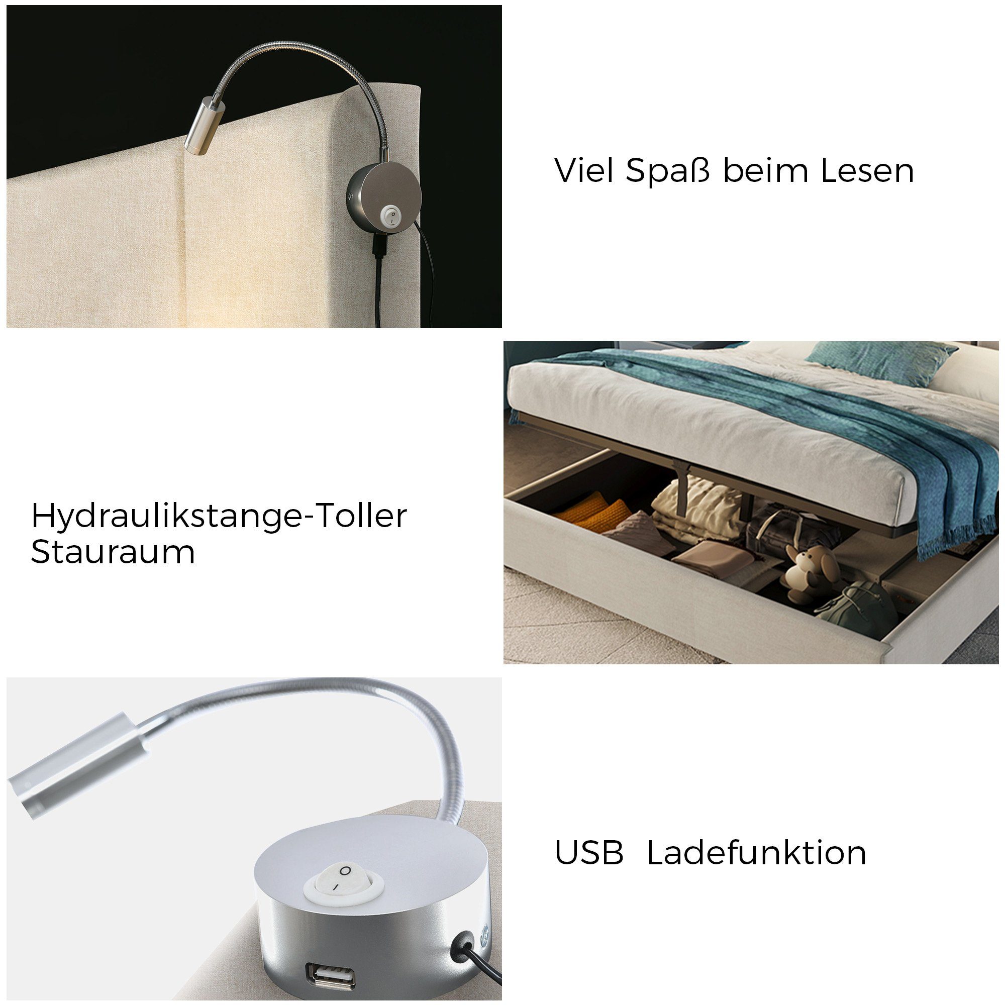 Ulife Polsterbett Beige Doppelbett Hydraulisches Stauraumbett Leinen 140x200, 160x200cm, Leselicht mit USB Ladefunktion Kopfteil