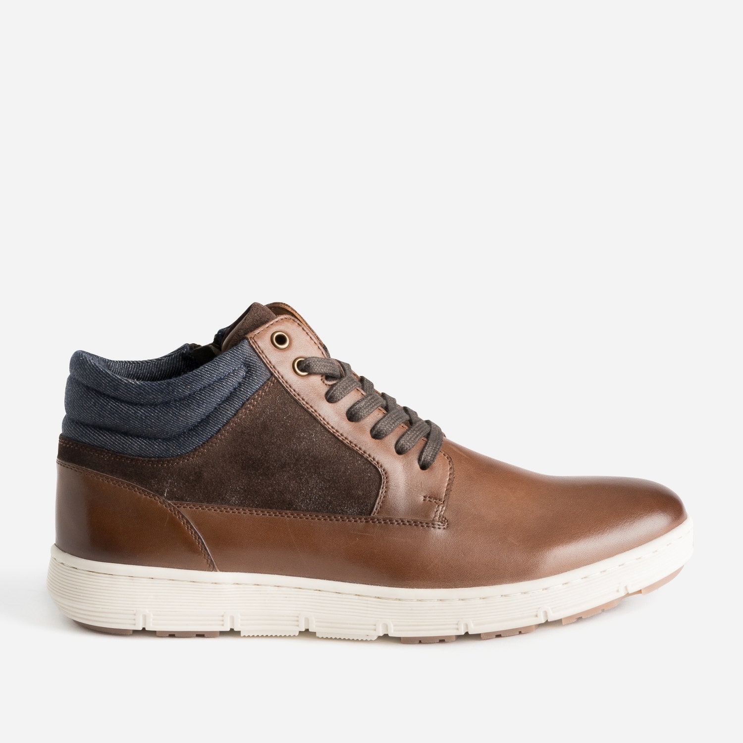 Basket cognac en cuir et textile marine