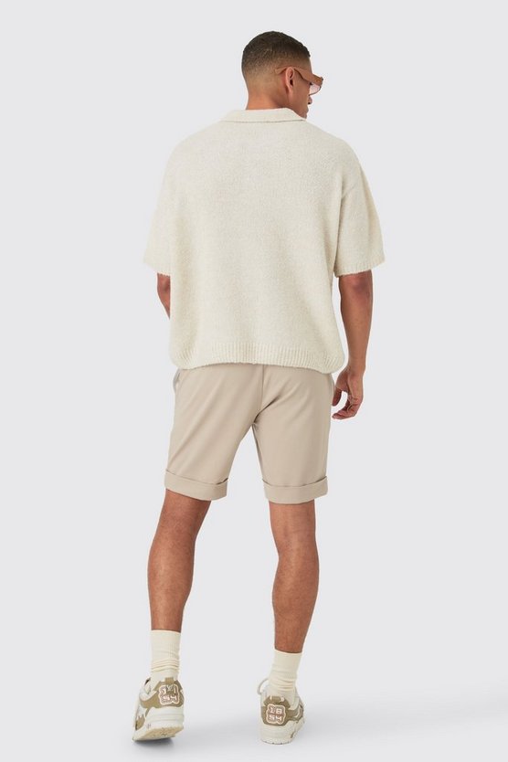 Kastiges Oversize Bouclee Strick-Poloshirt in Ecru