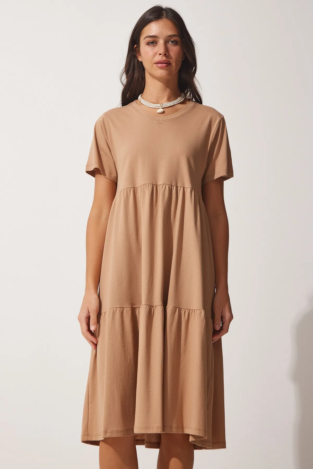 Happiness İstanbul  Bequemes Sommerkleid für Damen mit Biskuit-V-Ausschnitt AP00184