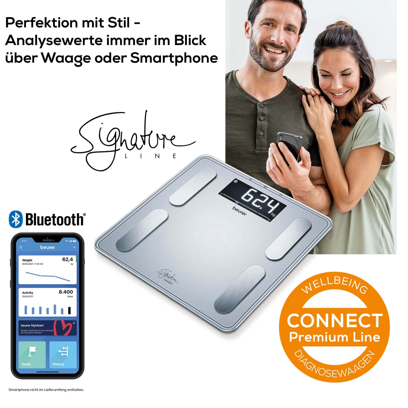 Beurer Diagnosewaage BF 405 Signature Line-Körperfettwaage mit Ganzkörperanalyse, Interpretation der Messwerte & App-Anbindung - bis 200 kg