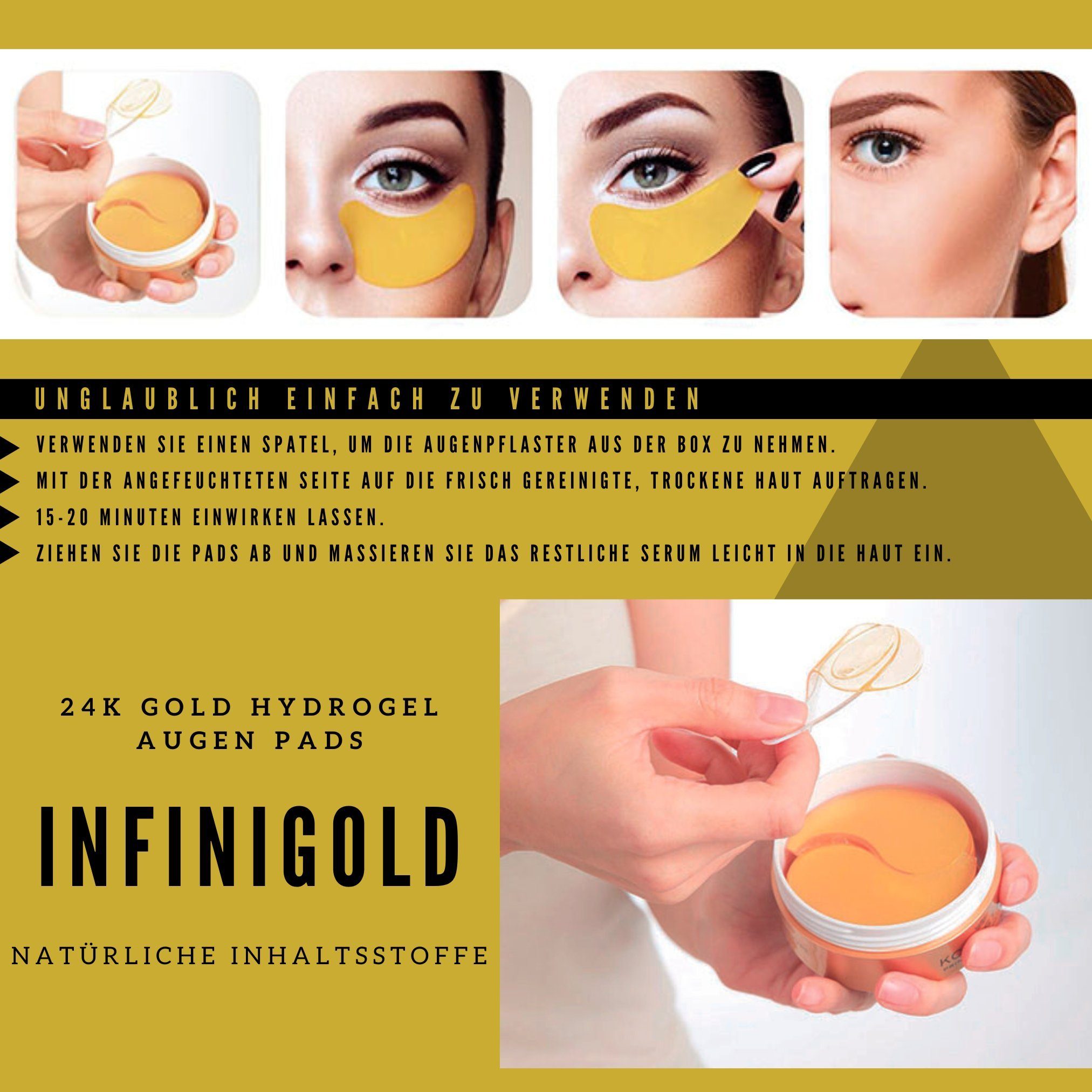 INFINIGOLD Augenpads goldene Multi Action Augenpads, 60-tlg., 1er oder 2er Pack, Anti Aging Augenpflege Pads gegen Falten, Augen Anti Falten Wirkung