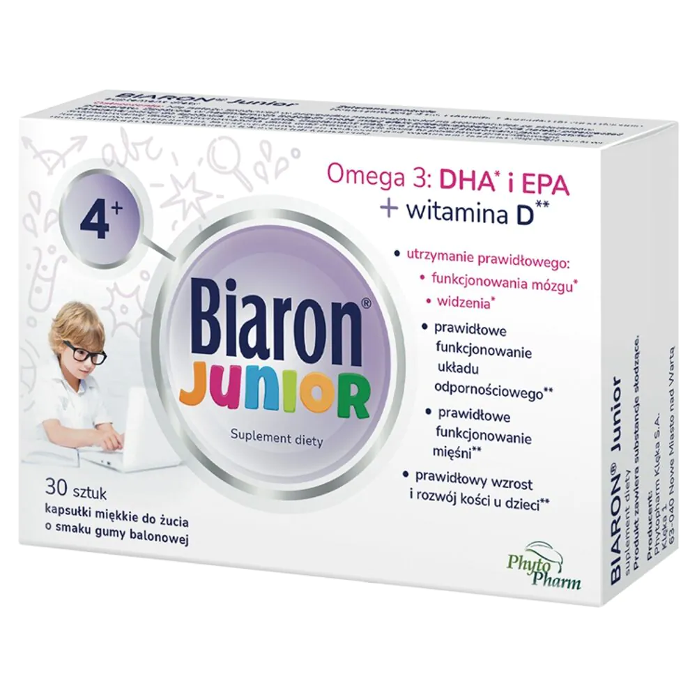 Biaron Junior, Omega-3 + vitaminas D vaikams nuo 4 metų ir suaugusiesiems, minkštos kramtomosios kapsulės, kramtomosios gumos skonio