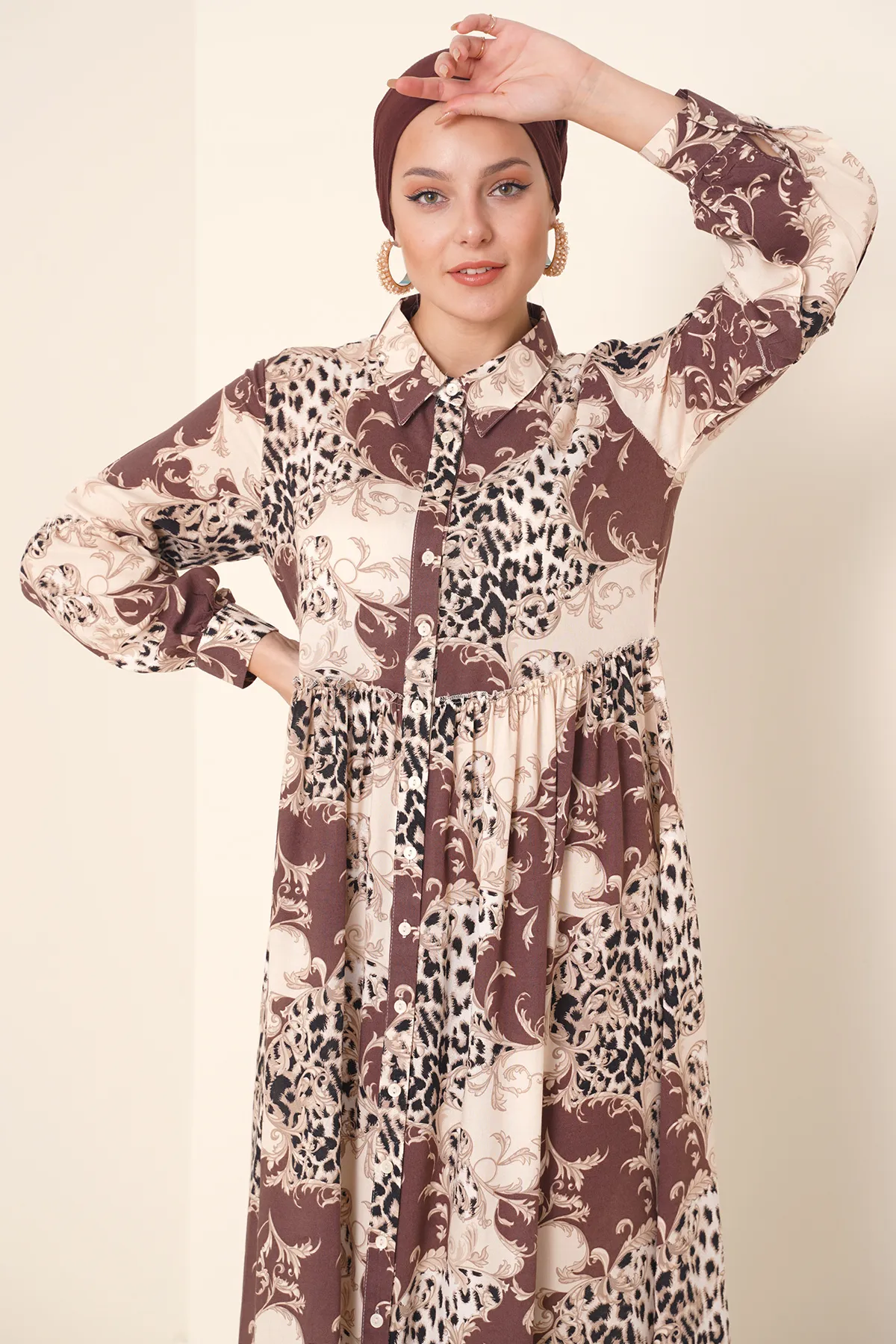 Bigdart  2295 Hijab-Kleid mit Hemdkragen – Braun