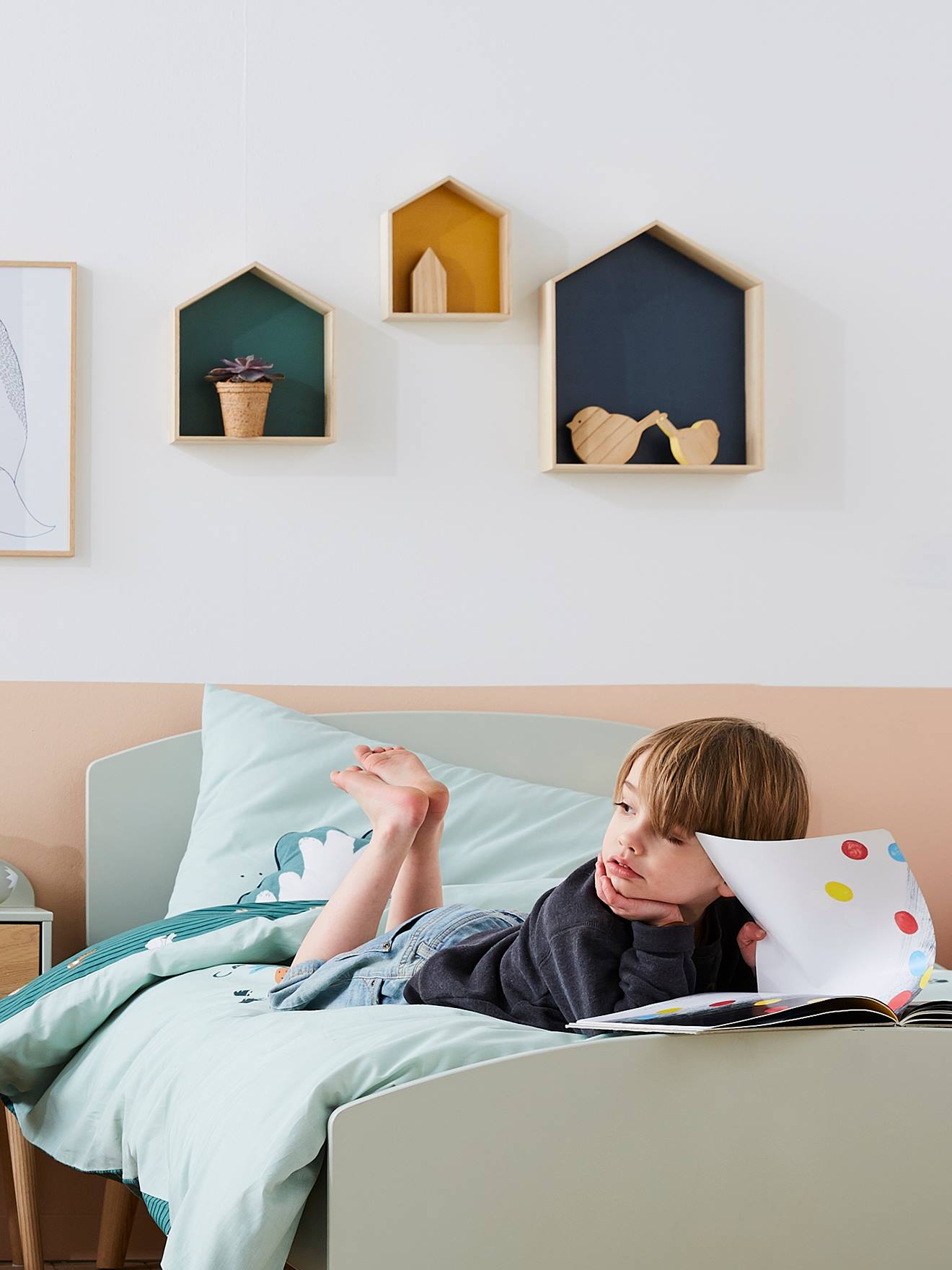 Vertbaudet Kinderzimmer 3er-Set Wandregale in Hausform, Setzkasten - türkis+weiß+gelb