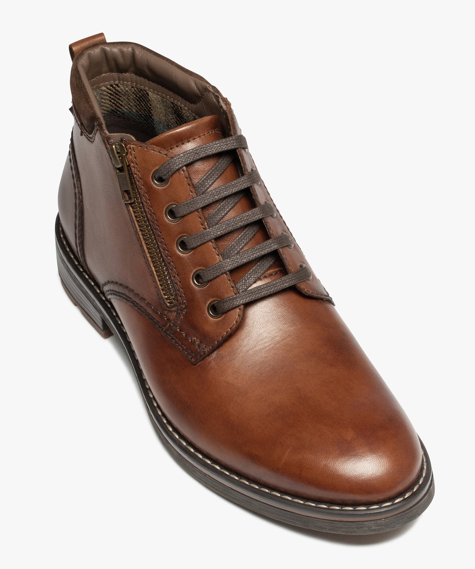 Boots homme casual en cuir uni à zip et à lacets marron | GEMO