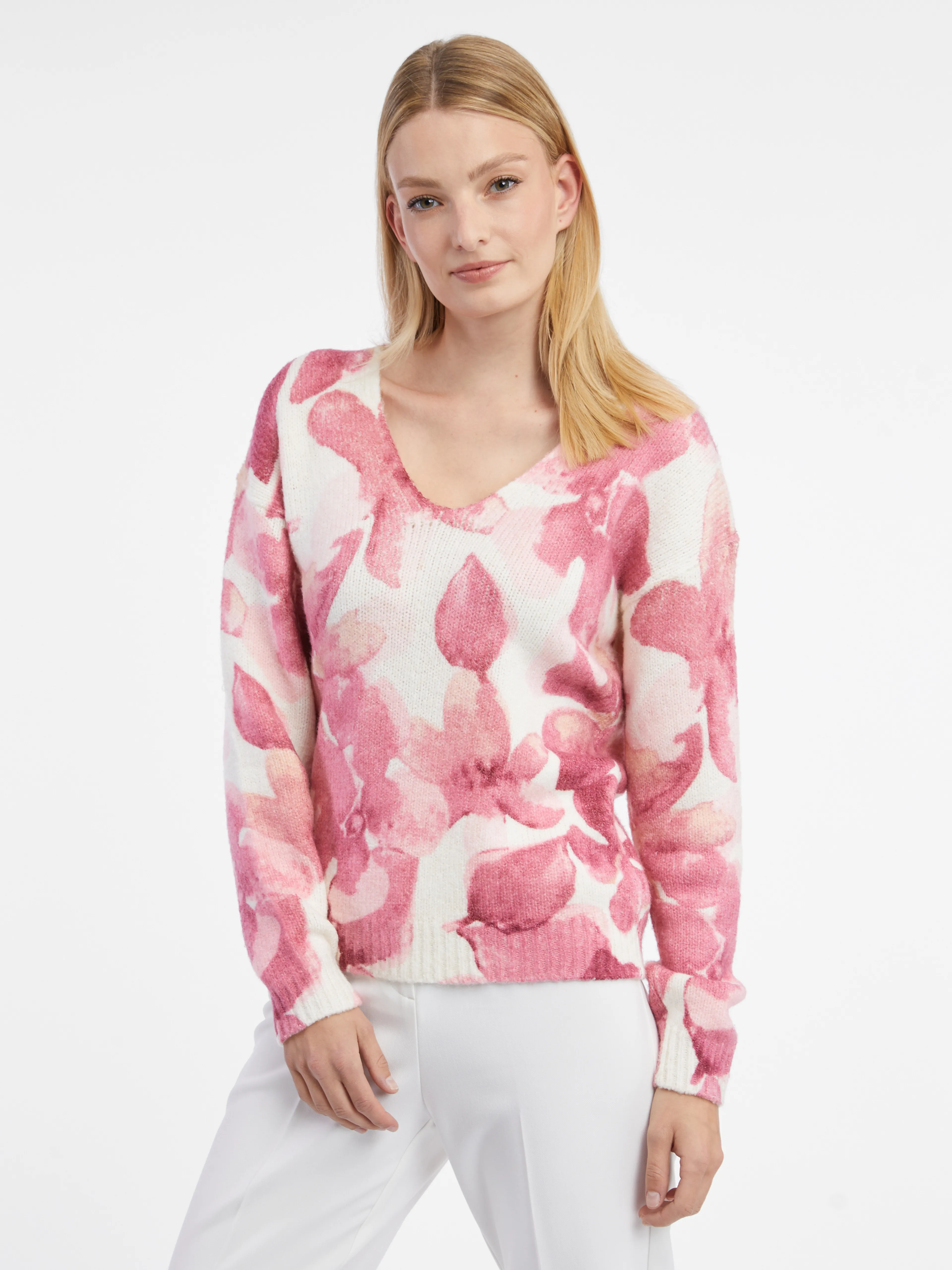 Rosa und weißer Damenpullover mit Blumenmuster ORSAY