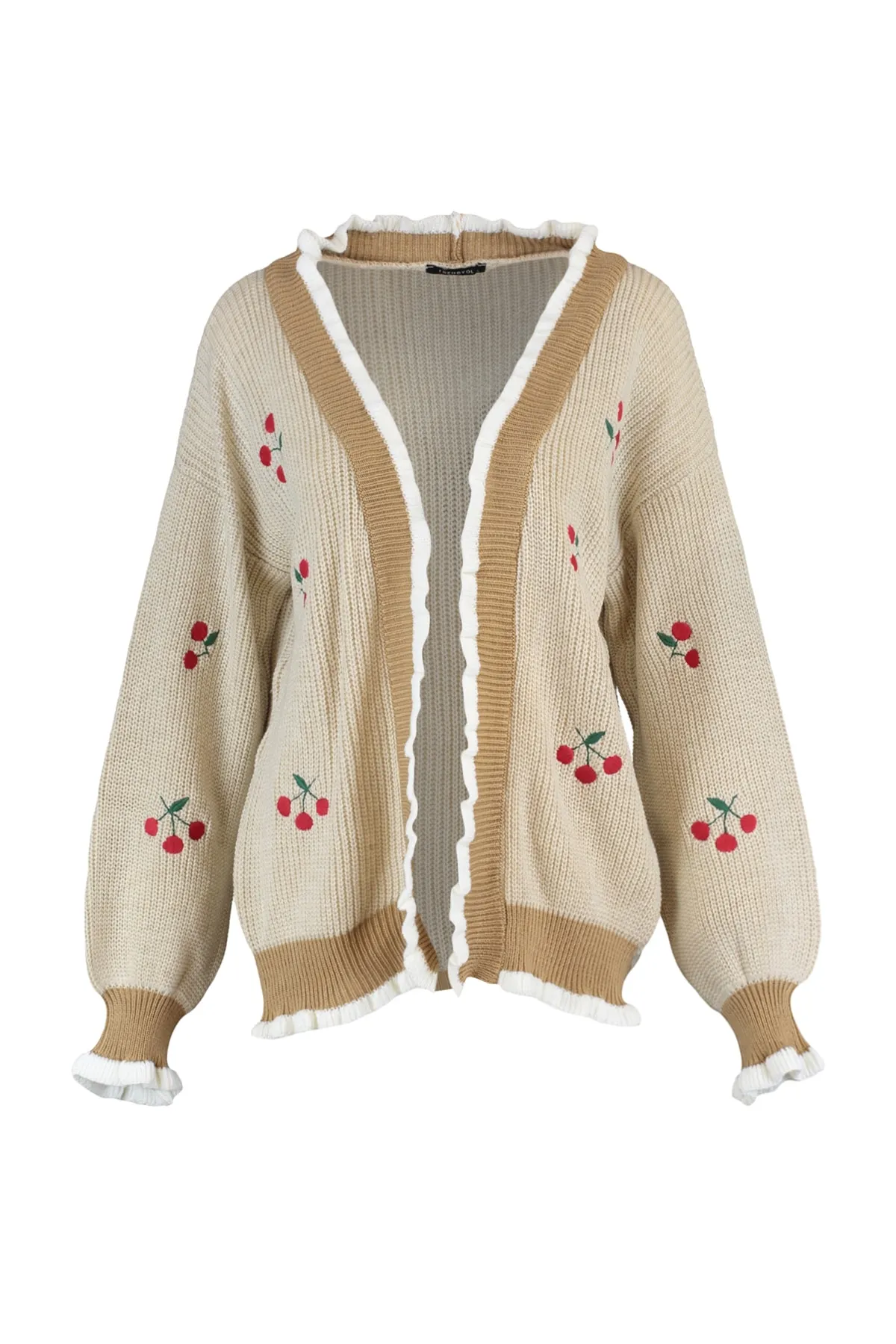 Trendyol Collection  Kamelfarbene Strickjacke mit Stickerei TWOAW21HI0628