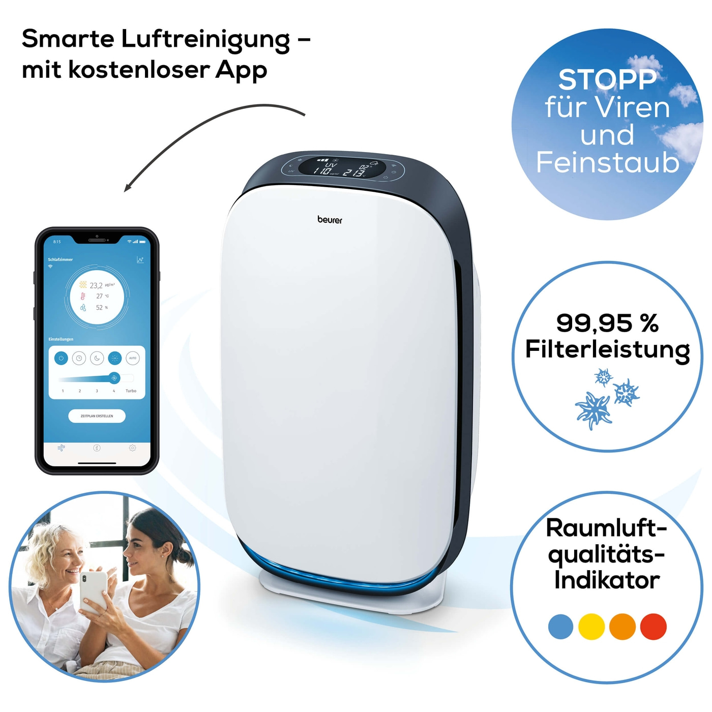Beurer Luftreiniger LR 500 Connect-Luftreiniger mit dreischichtigem Filtersystem & App Steuerung bis 106 m²