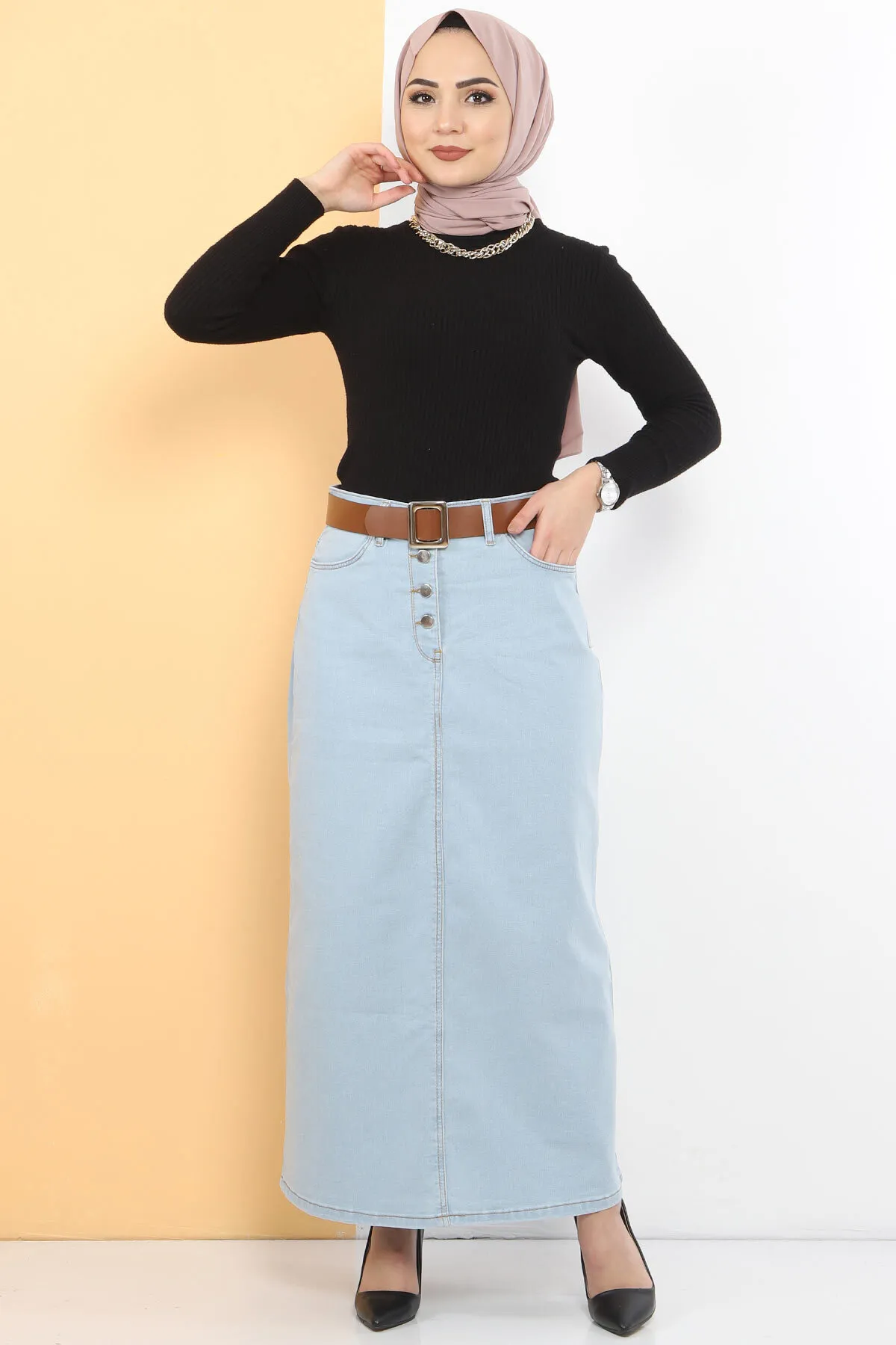 Tesettür Dünyası  Jeansrock mit Gürtel TSD231015 Hellblau