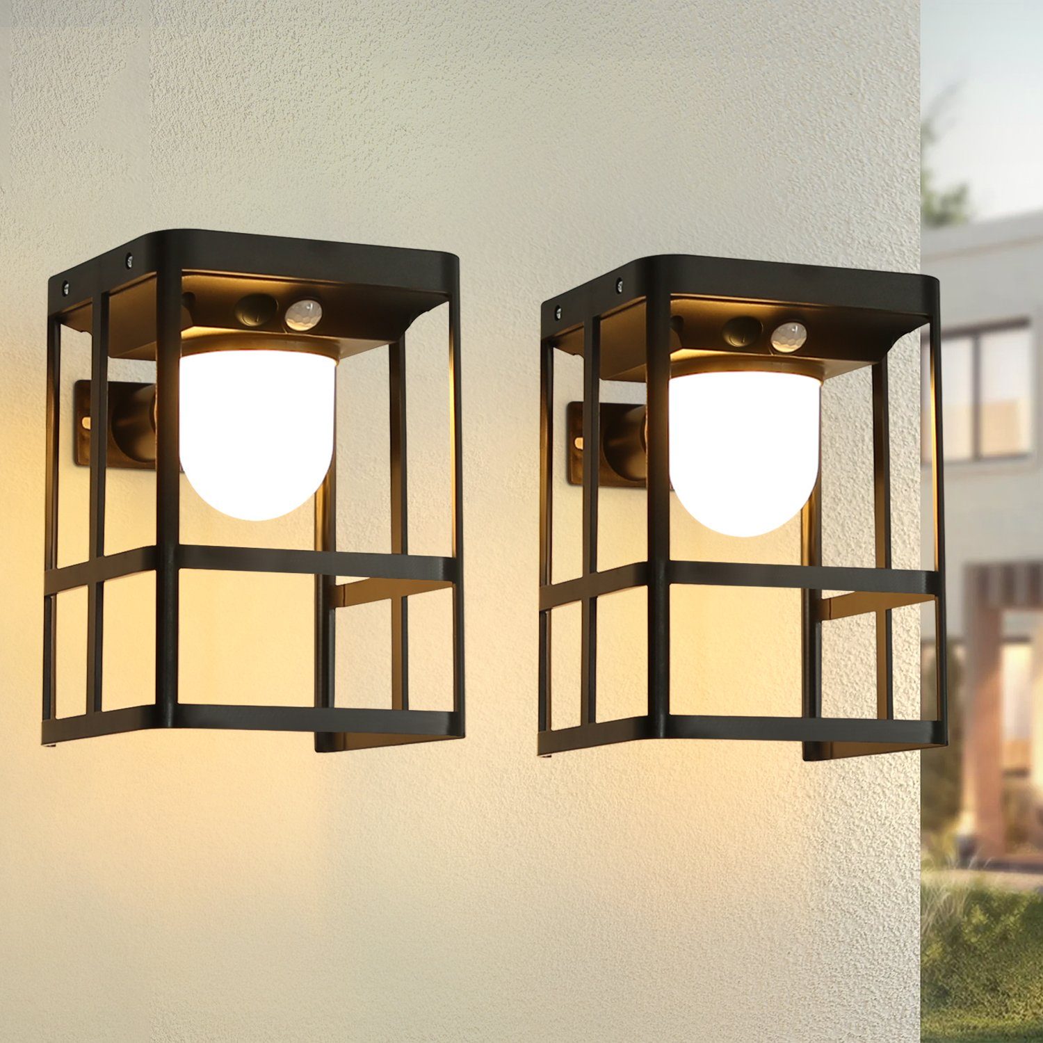 ZMH LED Solarleuchte 2 Stück Außen 3 Modi Aussenleuchte 180° Beleuchtungswinkel, mit Bewegungsmelder, LED fest integriert, Warmweiß, 1800mAh, IP65