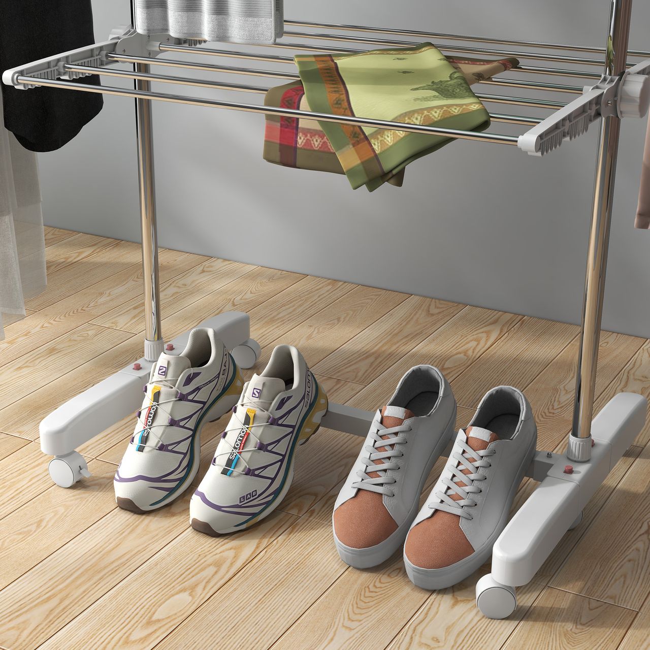HOMCOM Mobiler Wäscheständer Wäschetrockner Kleiderständer 3 Ebenen klappbar Rolle 80-142 x 55 x 152 cm
