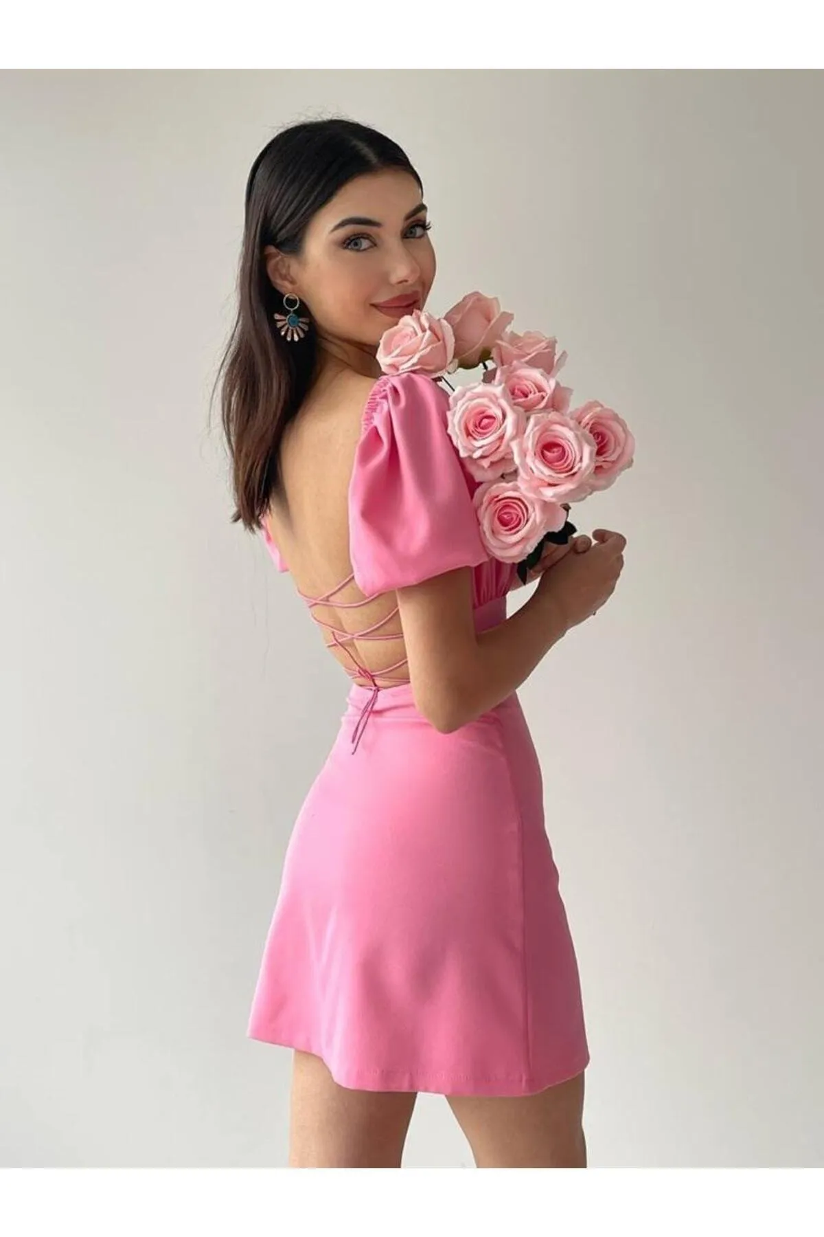 Afiş Butik  Rosa, tief sitzendes Kleid mit Wassermelonenärmeln