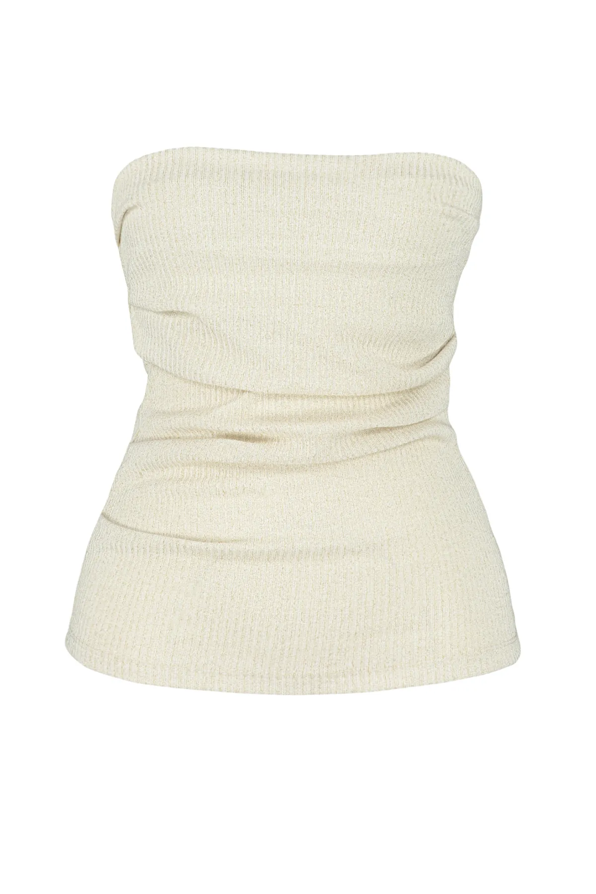 Trendyol Collection  Ecru Drapierte detaillierte Lurex/Silberfarbene trägerlose Stretch-Strickbluse TWOSS24BZ00136
