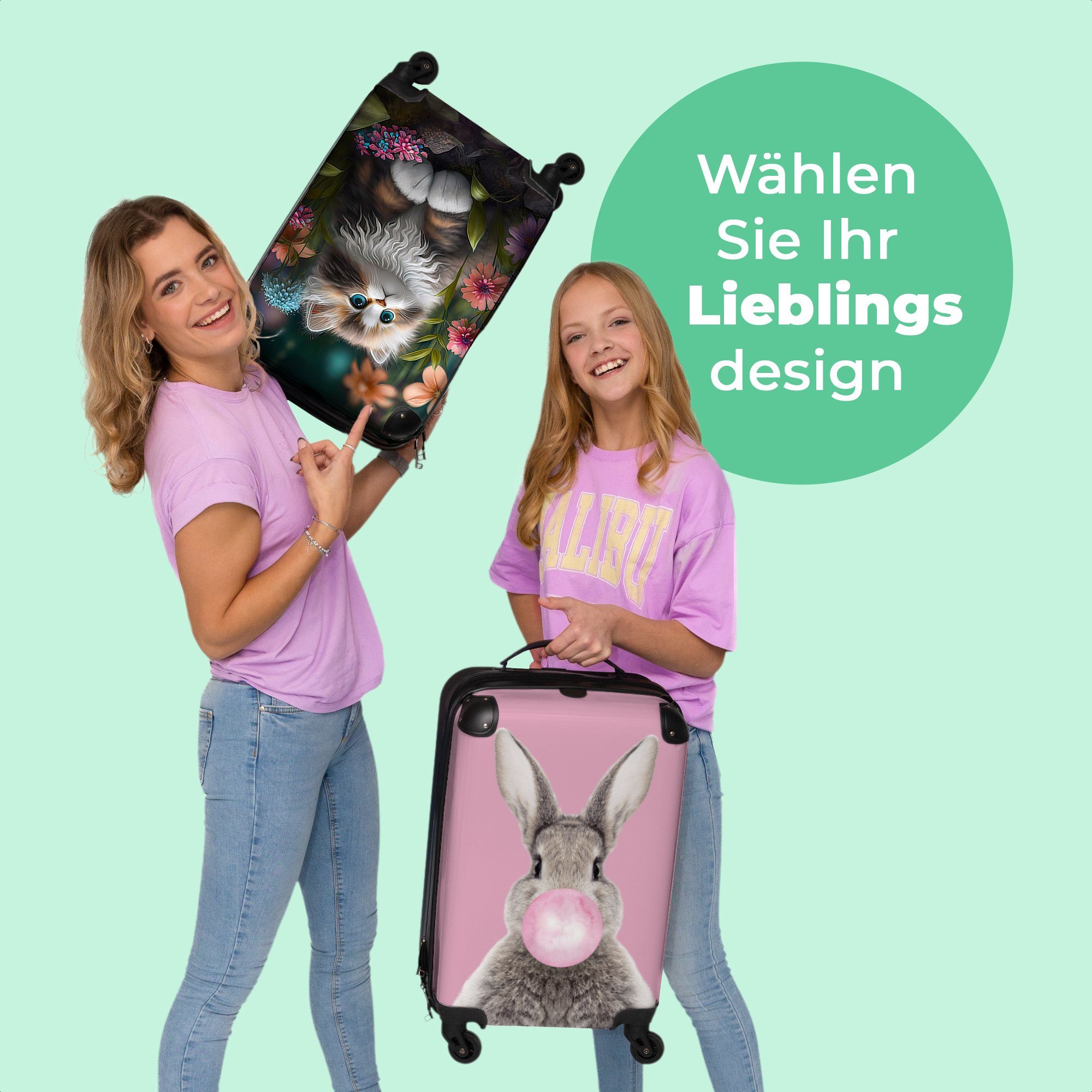 NoBoringSuitcases.com© Handgepäckkoffer 55x35x20cm Kätzchen - Illustration - Blumen - Natur - Katze, 4 Rollen, Handgepäck Trolley Rollkoffer Kleine Reisekoffer mit 4 Rollen - Cabin