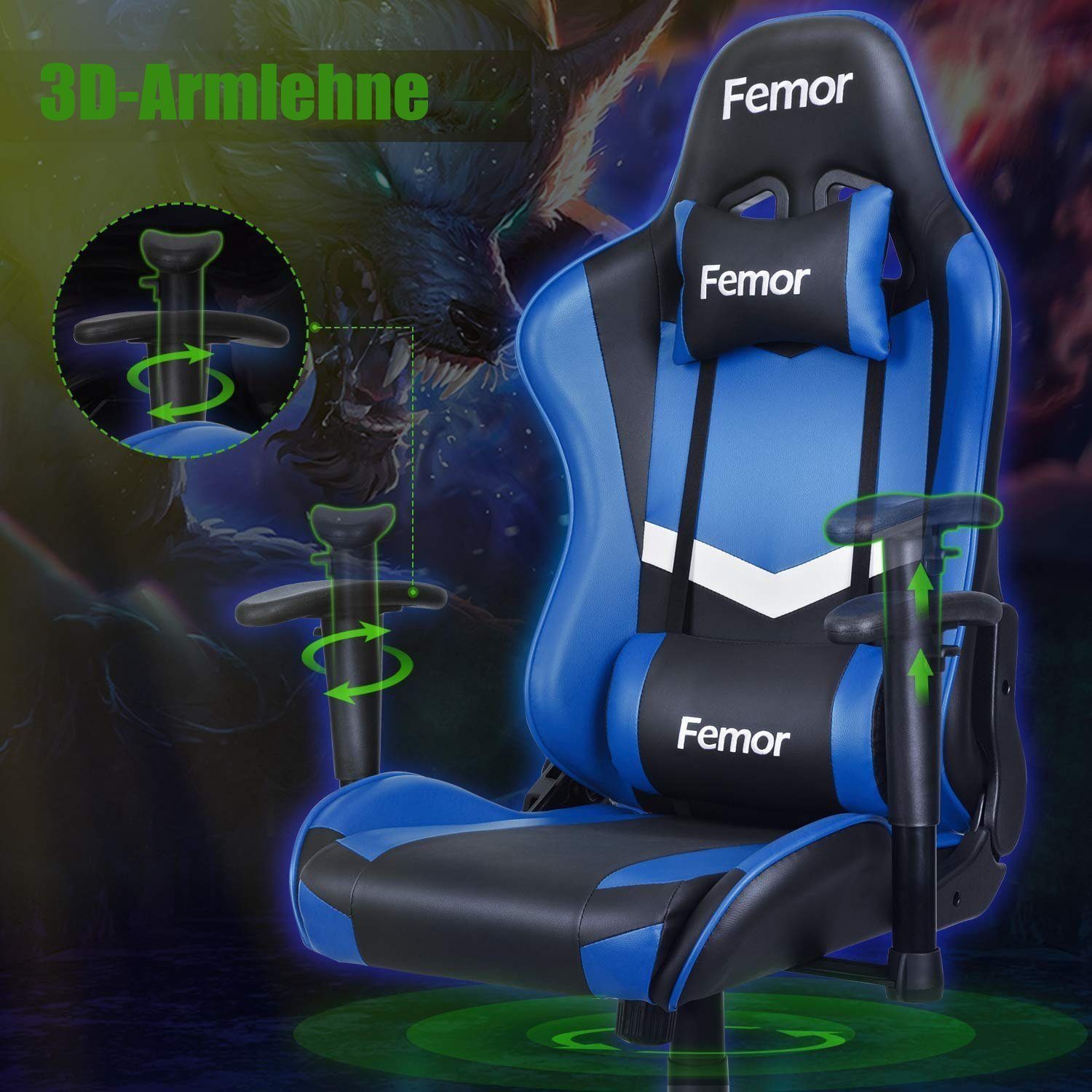 Femor Gaming Chair Gaming Stuhl, Gamer Stuhl 90°-160° Neigungswinkel