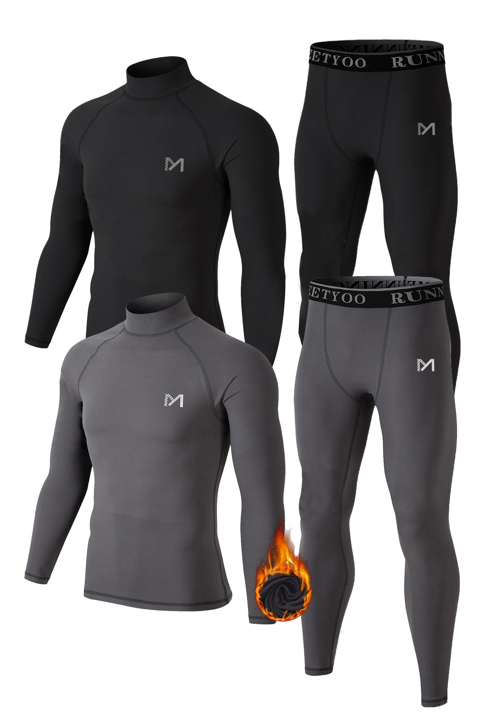 MEETYOO Thermounterhemd Skiunterwäsche Herren (Fleece Funktionsunterwäsche Set, Lange Unterhosen Funktionsunterhemd Kompressionsanzug) Rollkragen Thermohemd Thermohose