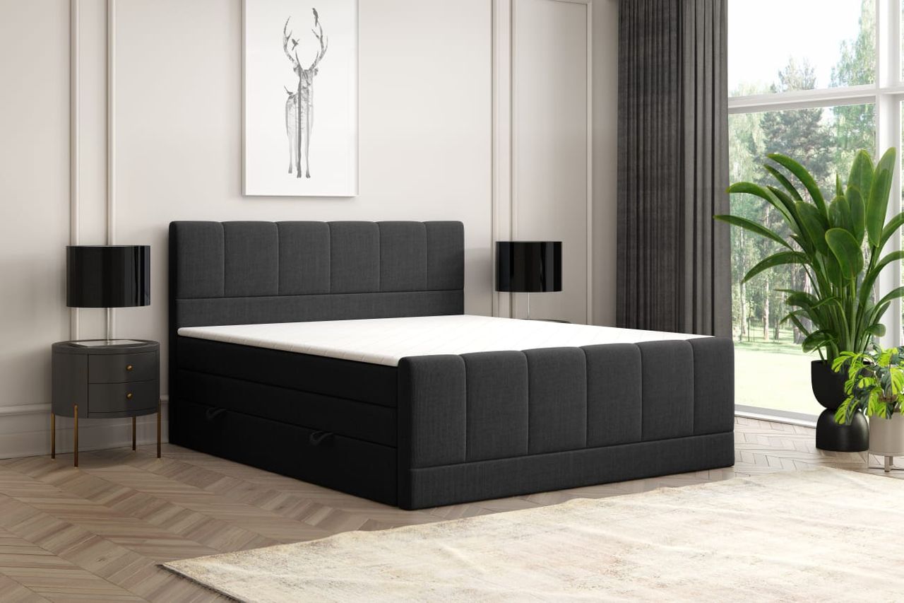 Möbel Punkt Boxspringbett LONDON mit Bettkasten 180 x 200 cm Webstoff Schwarz Bett Bettkasten Taschenfederkern Hotelbett