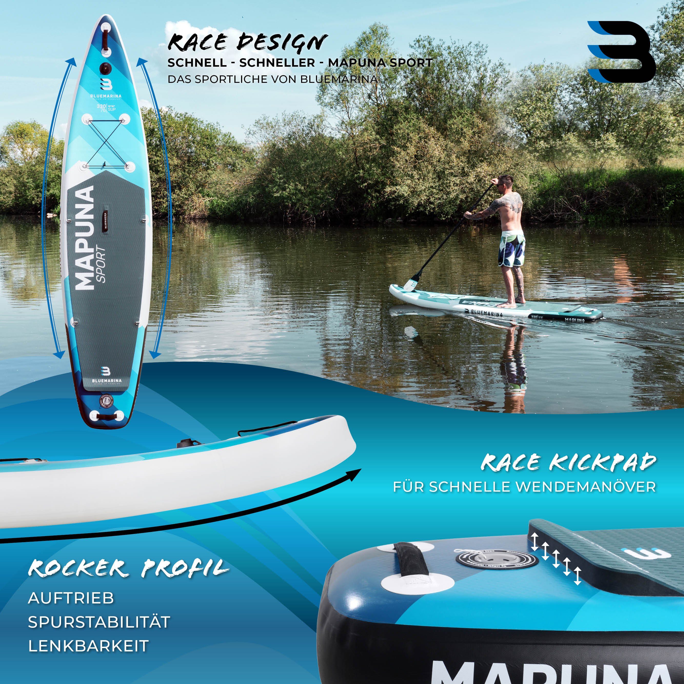 Bluemarina SUP-Board Aufblasbares Bluemarina SUP Board Mapuna inkl. 5 J. Garantie, Stand Up Paddle Board, (15 cm dick, 3 PVC Schichten, max 200 kg), Paddling board, Paddelboard, Surfboard, (100% Polyester -, 3 tlg., bis 200 kg - Double Layer - Kickpa