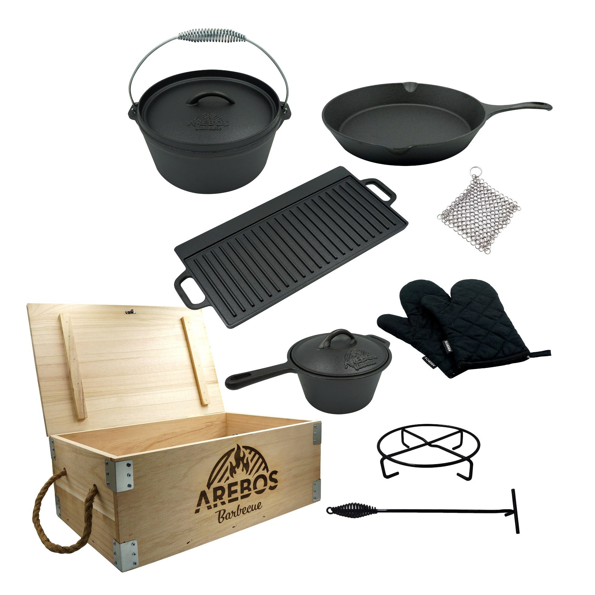 Arebos Topf-Set Dutch Over BBQ Set aus Gusseisen Feuertopf Schmortopf, (Set)