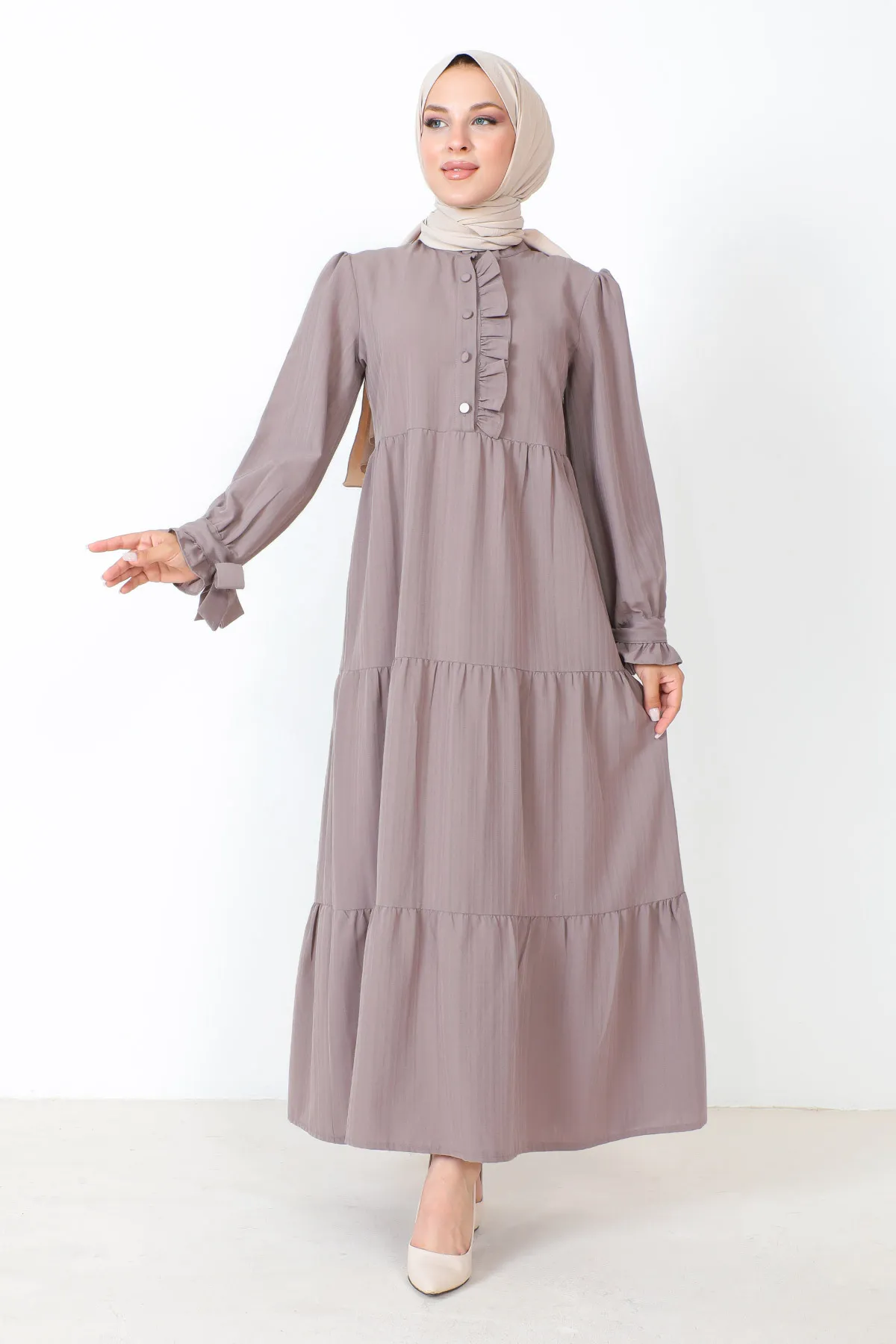 Tesettür Dünyası  Hijab-Kleid mit gebundenen Ärmeln TSD221207 Nerz