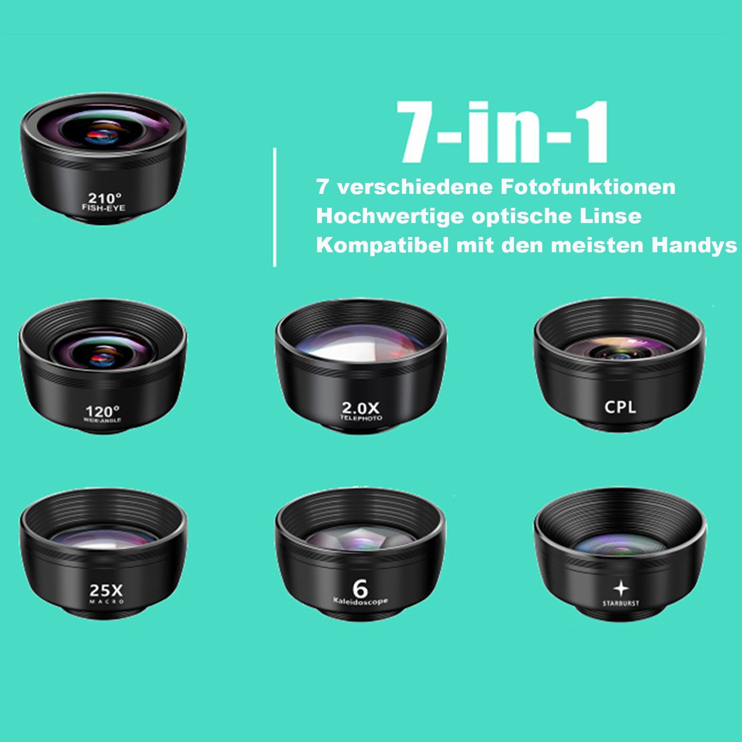 Dedom Objektive für Mobiltelefone, 7 in 1 Handy Objektiv Kit, Ultra-Weitwinkelobjektiv, (Universal Handy Objektiv, mit Reißverschlusstasche)