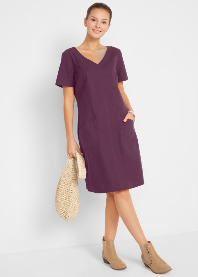 Knielanges Kleid mit Leinen und V-Ausschnitt, Halbarm