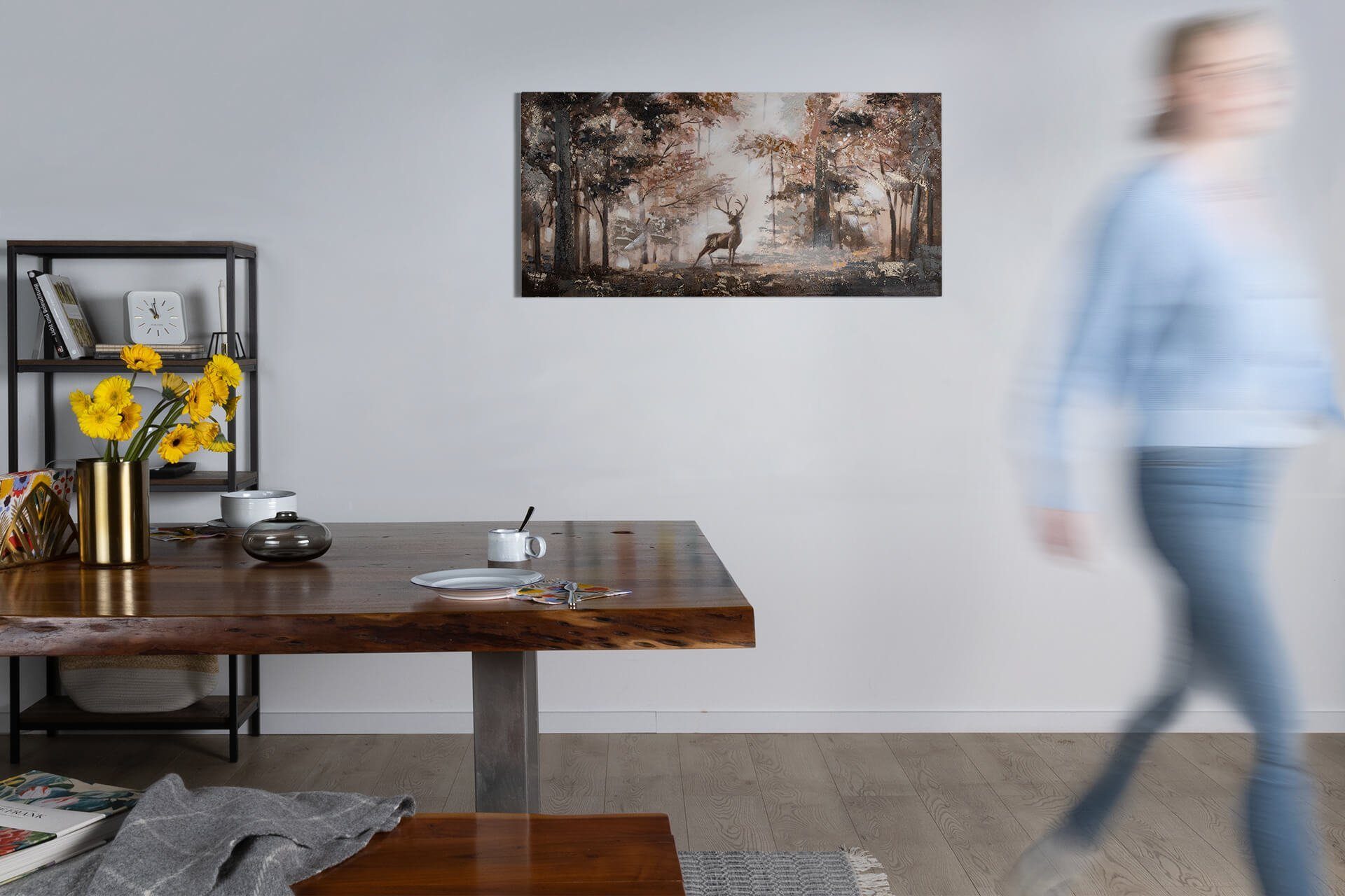 KUNSTLOFT Gemälde Stag in the Brume 120x60 cm, Leinwandbild 100% HANDGEMALT Wandbild Wohnzimmer