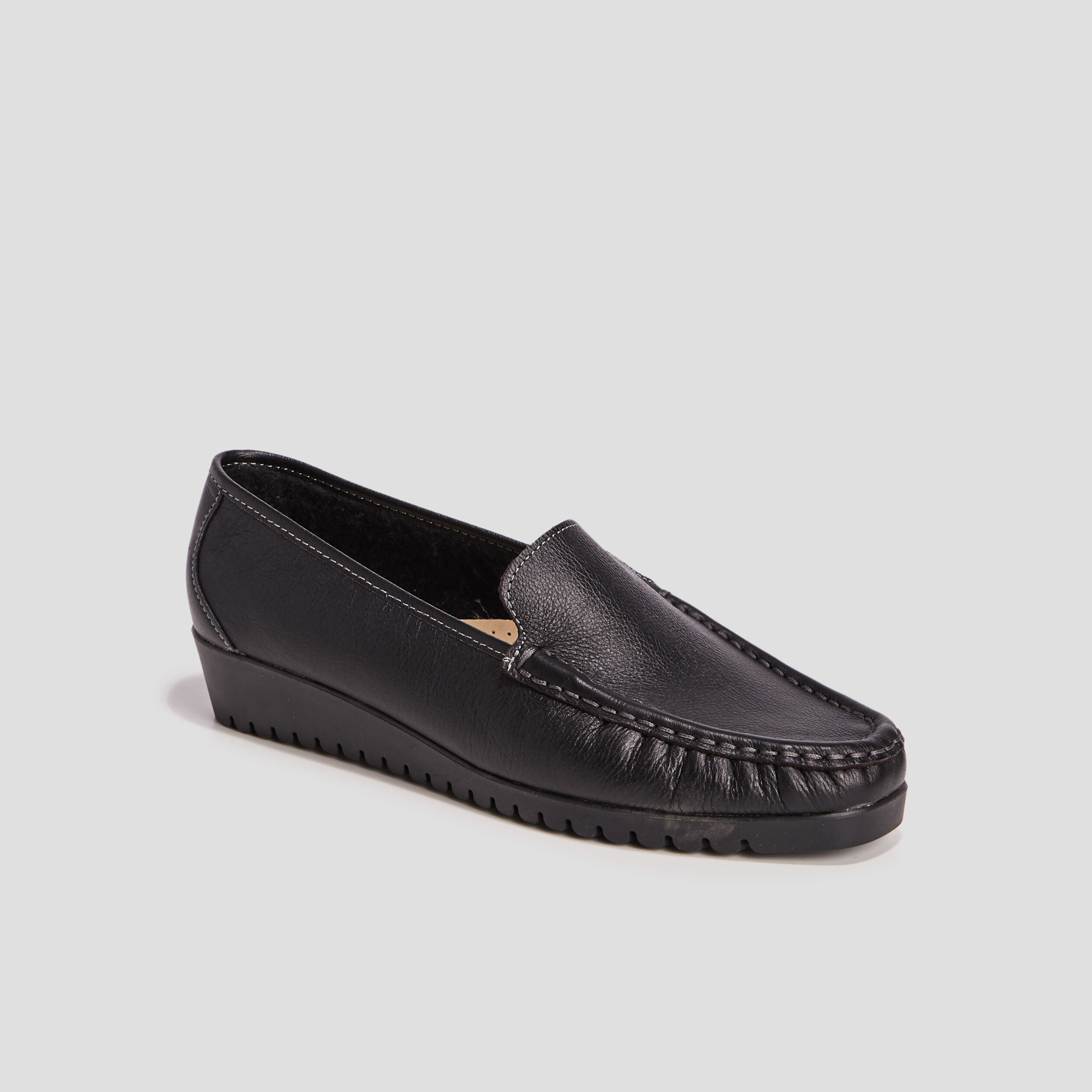 Mocassins en cuir compensés pied large noir femme | La Halle