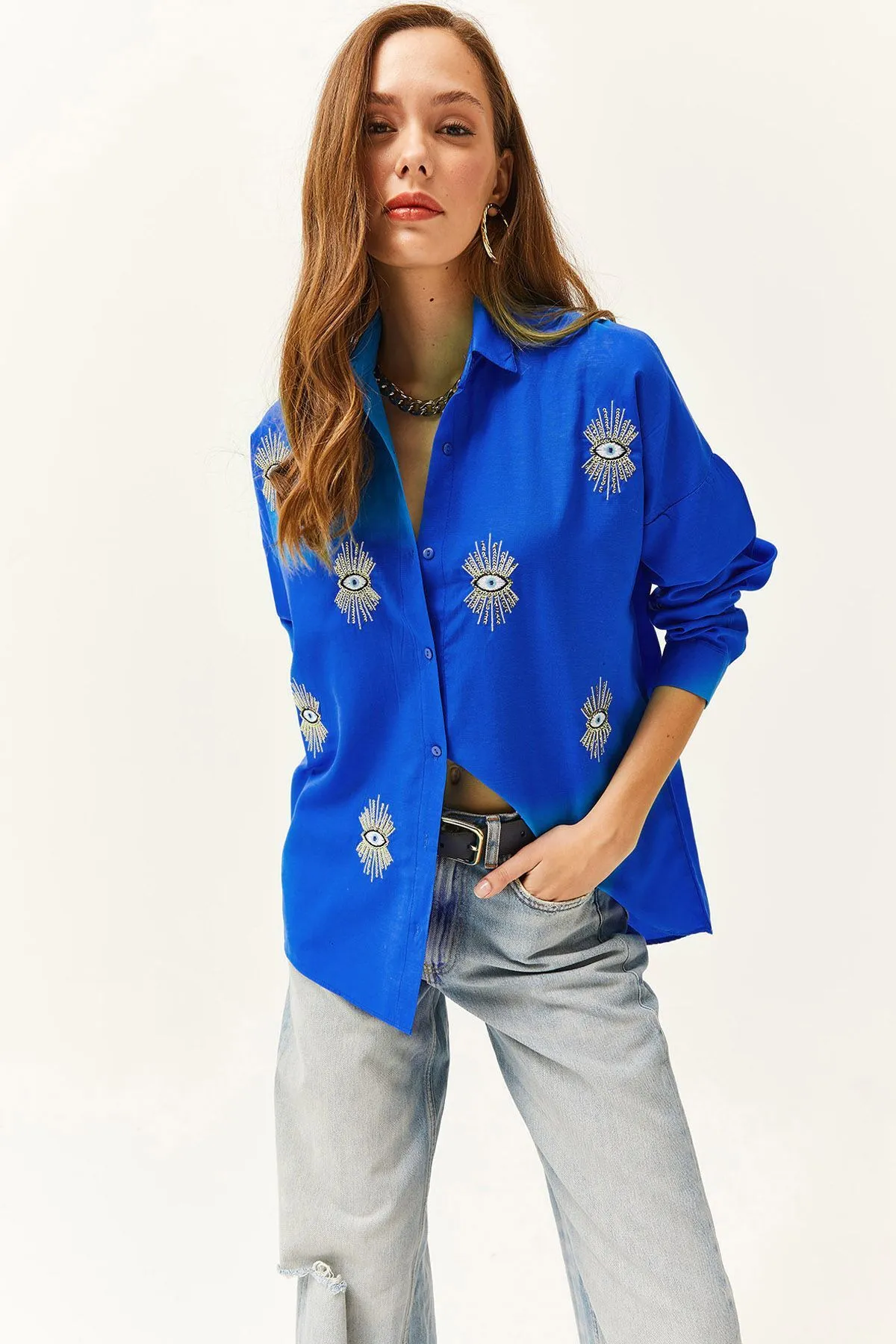 Olalook  Damen-Boyfriend-Hemd von Saks in Blau mit Pailletten und detailliertem Webmuster GML-19000992
