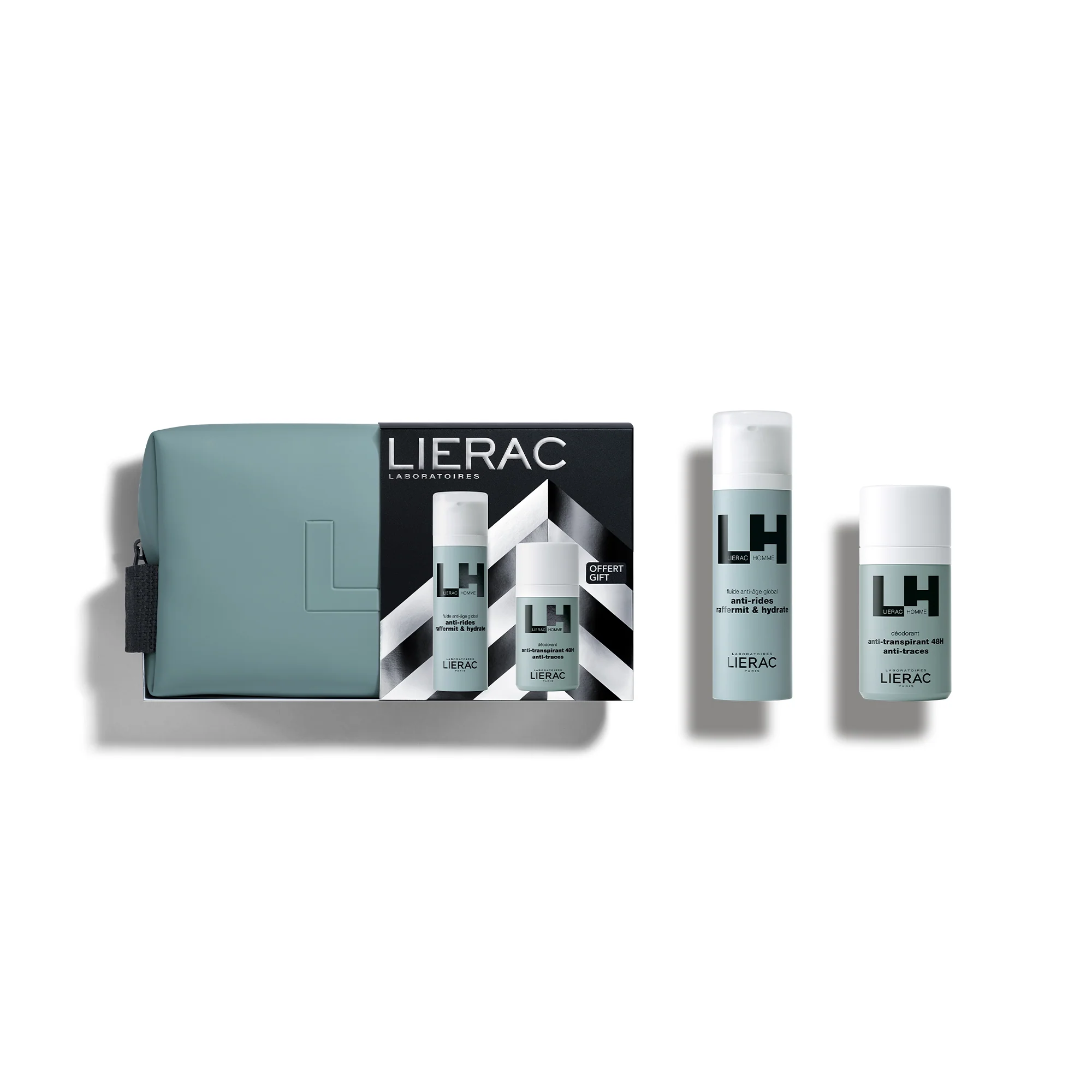 Lierac Homme флуид против старења + дезодоранс + кесица - сет против бора, флуид за лице против бора