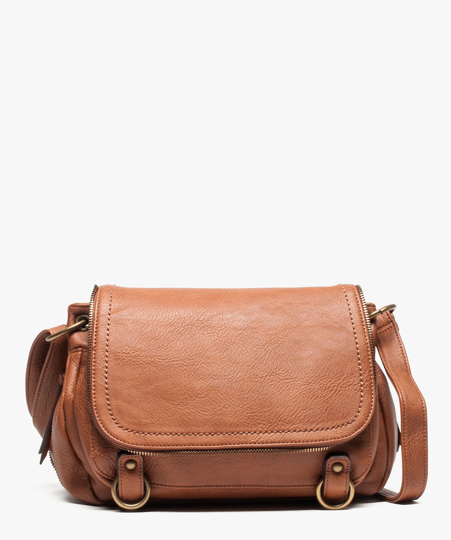 Sac femme forme besace avec détails zippés cognac | GEMO
