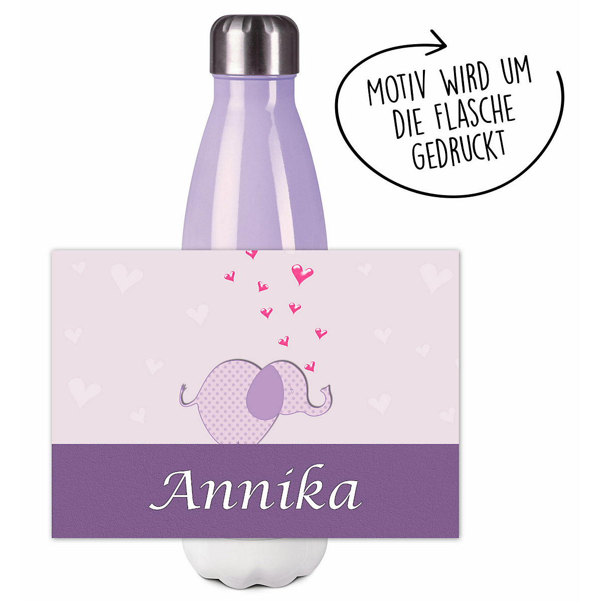Edelstahl Kinder Thermoflasche / Trinkflasche bunt Elefant Farbe lila Spülmaschinenfest, Auslaufsicher, Bruchfest, Doppelwandig, Für Heißgetränke geeignet, Mit Deckel, Isoliert