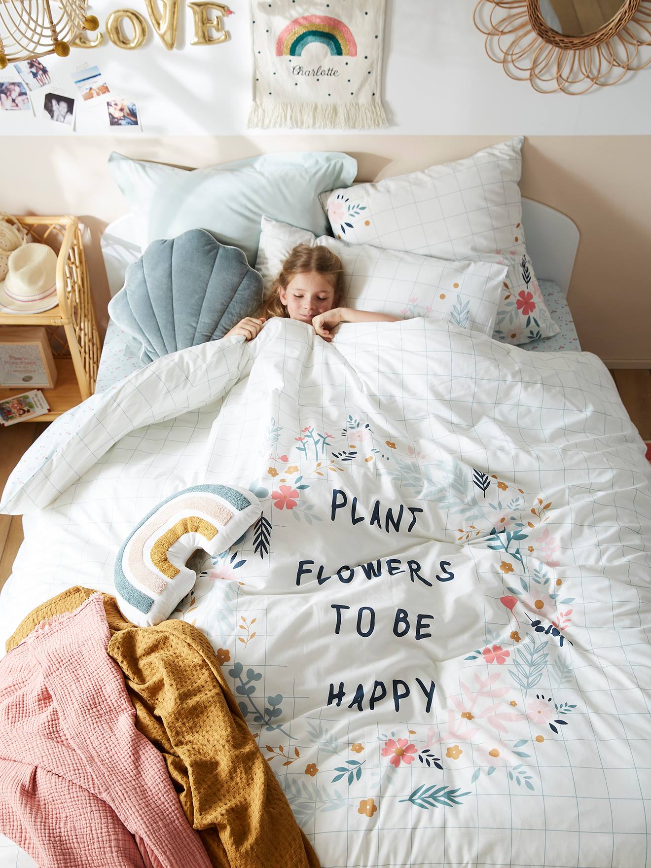 Parure housse de couette + taie d'oreiller enfant Bio Collection FLOREALE ecru/bleu grisé