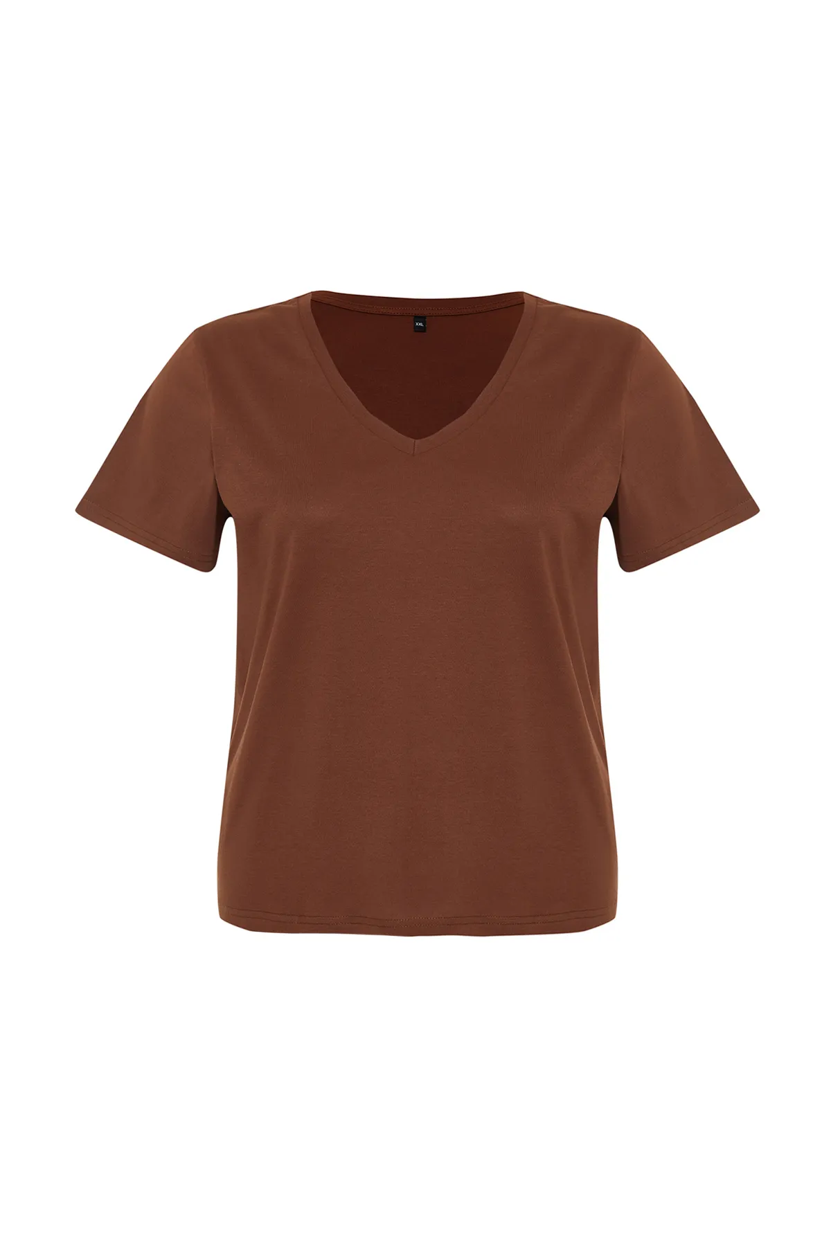 Trendyol Curve  Braunes Basic-Strick-T-Shirt mit V-Ausschnitt TBBSS22BF0028