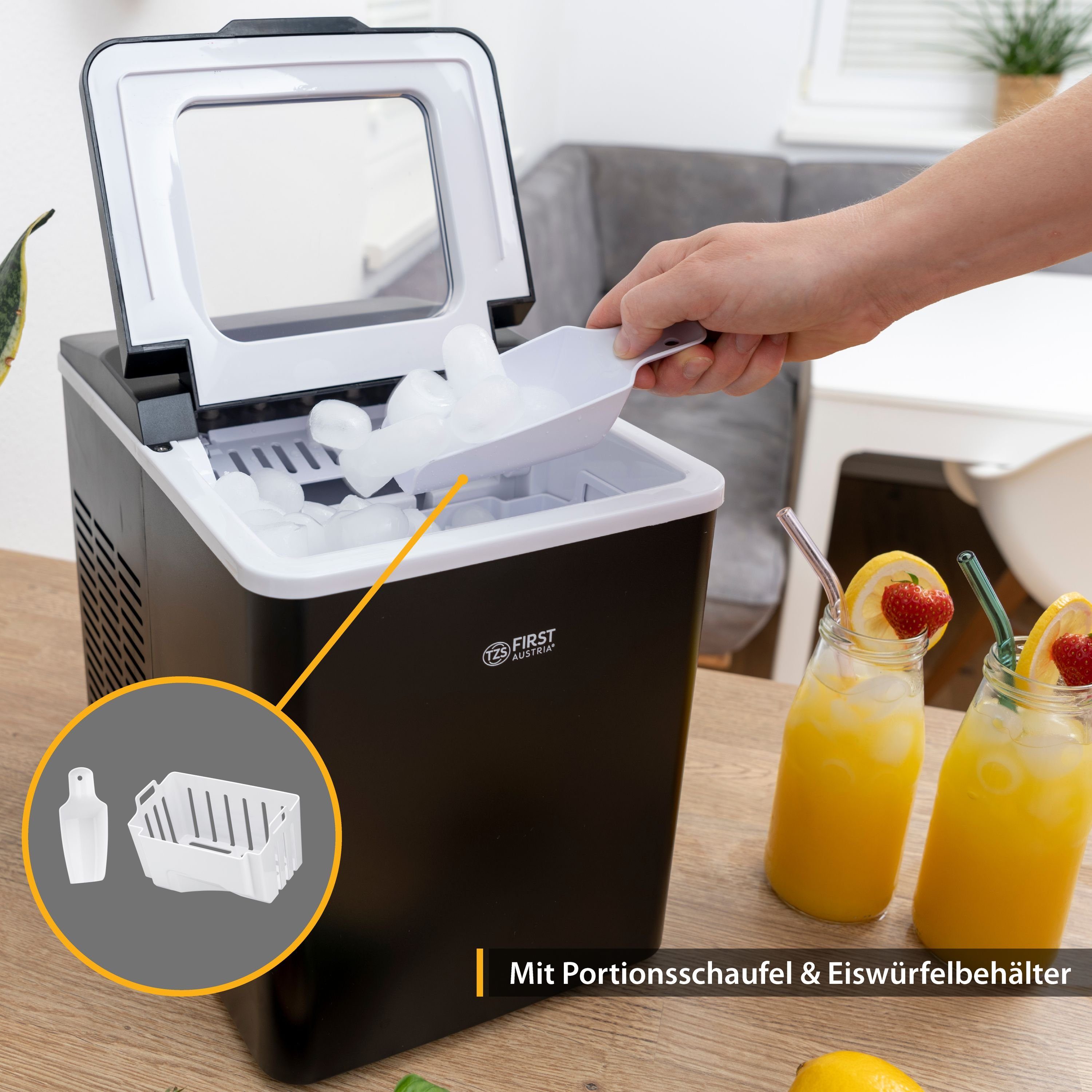 TZS FIRST AUSTRIA Eiswürfelmaschine Eiswürfelmaschine, Edelstahl Ice Cube Maker, 9 Würfel in 7-9 Minuten, Würfel S/L, 12kg 24 Std, Eiswürfelbereiter 1,8 L, 150W, LED Display